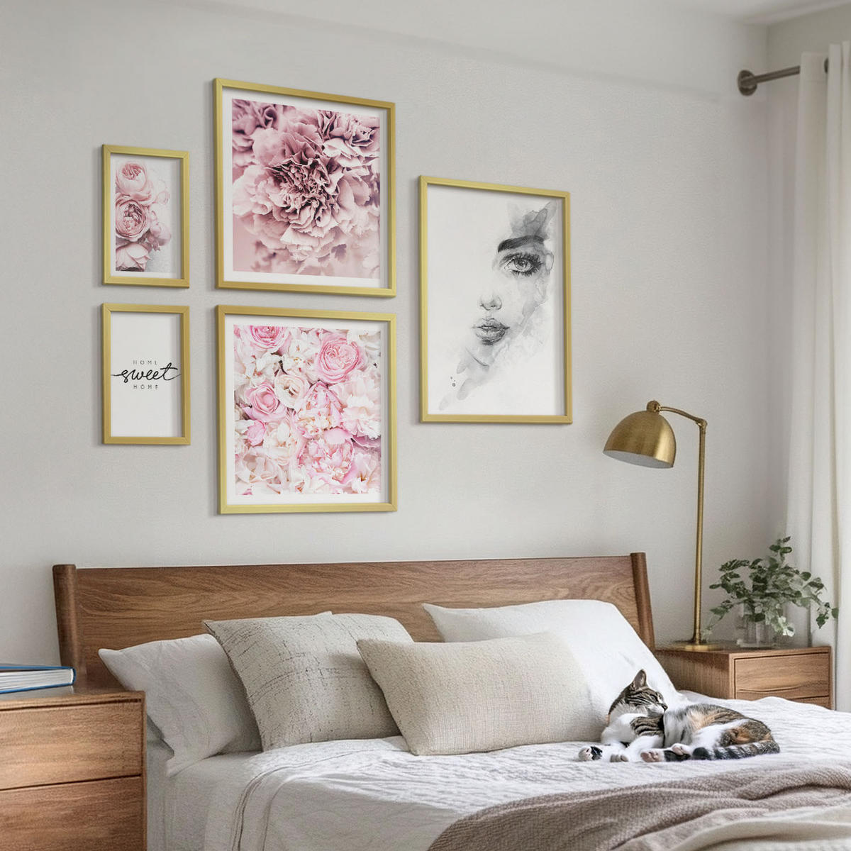 BILDER SET 5er Set - 50x50 cm & 20x30 cm & 40x60 cm Goldrahmen - Pfingstrosenporträt einer Frau zu Hause - Goldfarben, Kunststoff (40/60cm) - TULUP
