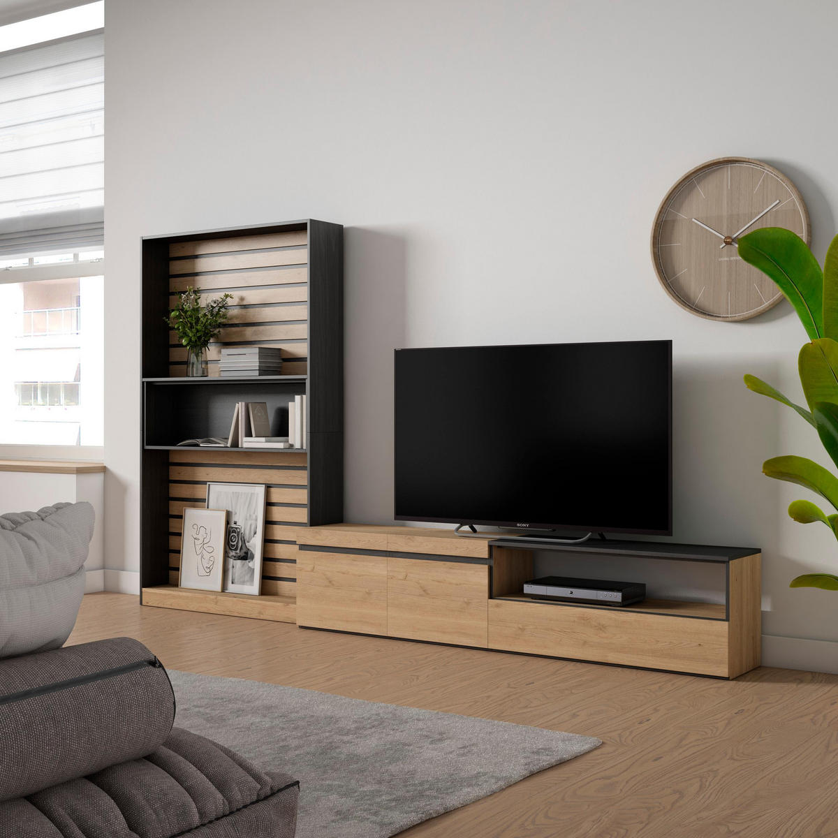 WOHNWAND Wohnzimmer, eiche, schwarz, 310/35/186cm - Eichefarben/Beige, Holzwerkstoff (310/186/35cm) - Skraut Home