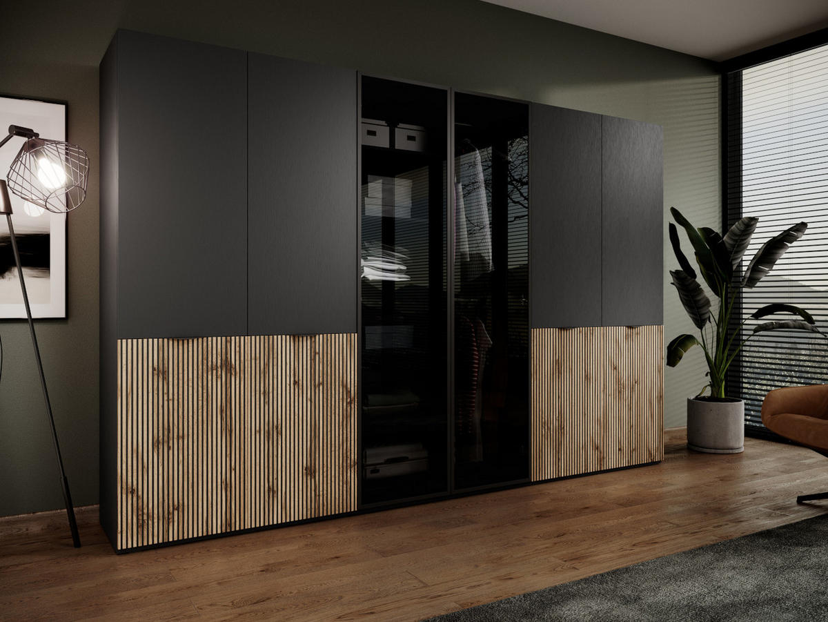 DREHTÜRENSCHRANK ATELIO 303/200/51 cm Modern Kleiderschrank 6-türig Schwarz - Schwarz, Holzwerkstoff (303/200/51cm) - MASSENO