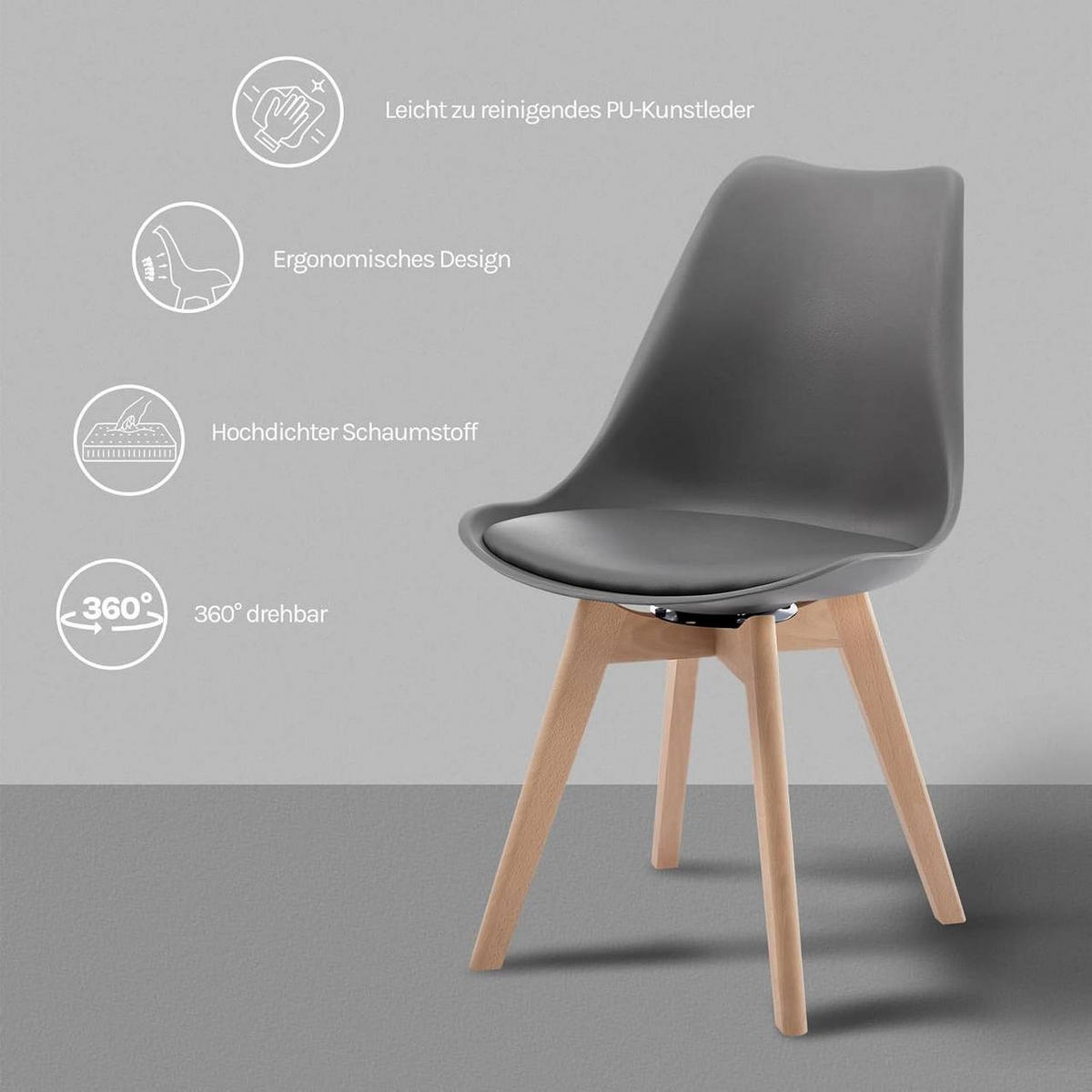 STUHL 4er Set, drehbar, Kunstleder, Massivholz, Grau - Buchefarben/Grau, Holz/Kunststoff (48/83/58.5cm) - Woltu