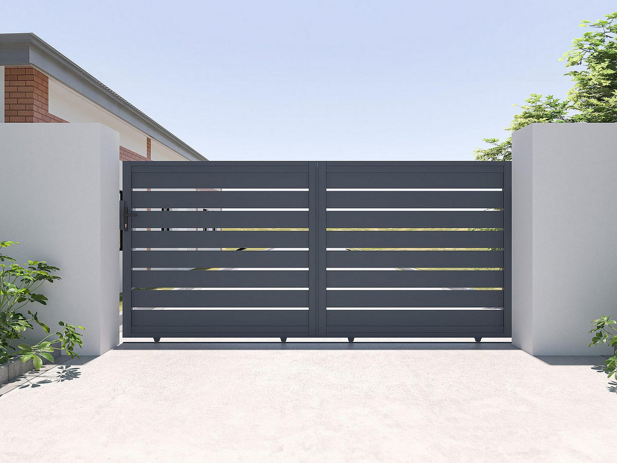 GARTENTOR Schiebetor mit Torantrieb - 374 x 165 cm - durchbrochen - Aluminium - Anthrazit - PRIMO - Anthrazit, Metall (348/163cm) - Vente-Unique