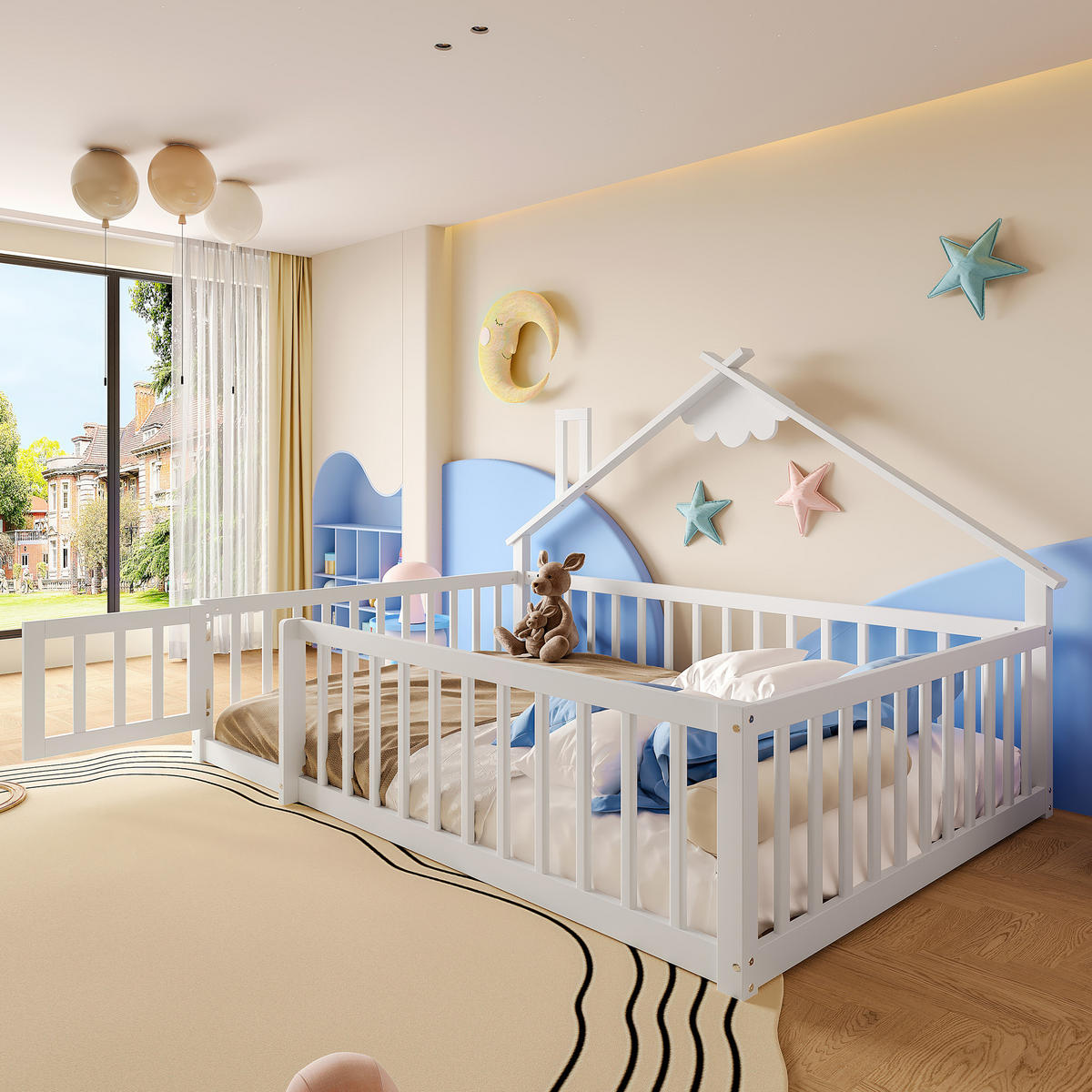 FLACHBETT 140x190cm Weiß Kiefer Kinderbett Hausleiste Geländer - Weiß, Holz (140/190cm) - FLIEKS