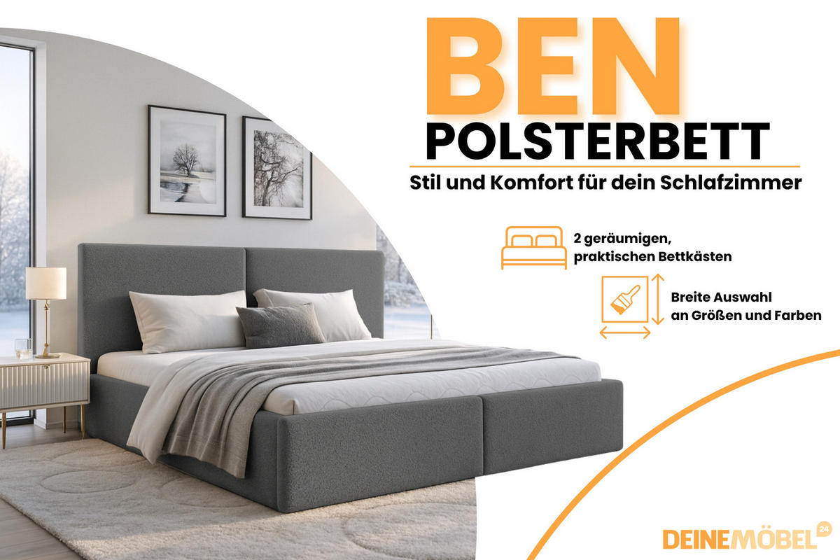 POLSTERBETT BEN 200/200 in Boucle Grau - Grau, Holz/Holzwerkstoff (200/200cm) - Deine Möbel 24