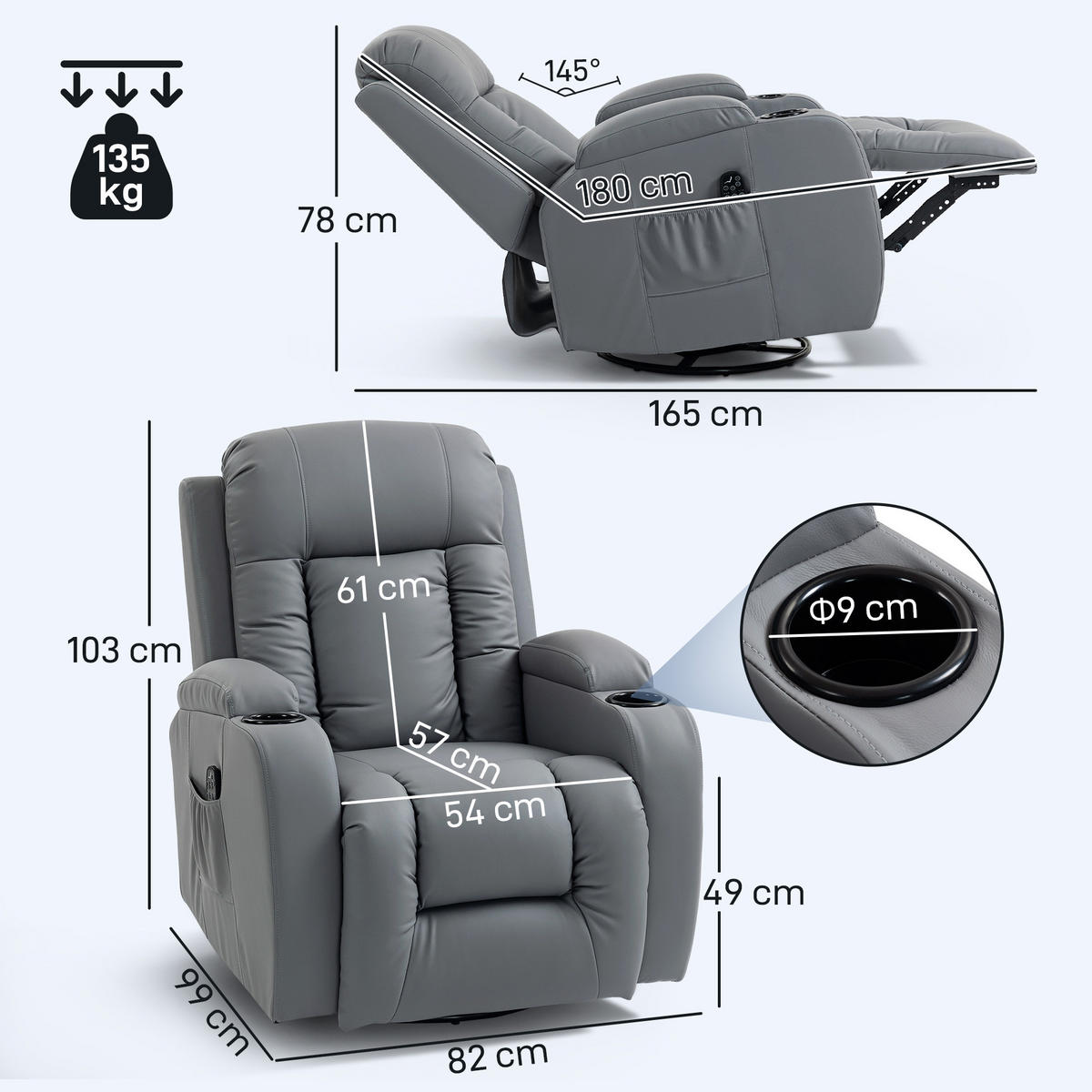 MASSAGESESSEL DE-06430 Wipp-, Liege- & Wärmefunktion, 145° neigbar, drehbar Hellgrau - Hellgrau, Metall (82/103/99cm) - ComfortXL