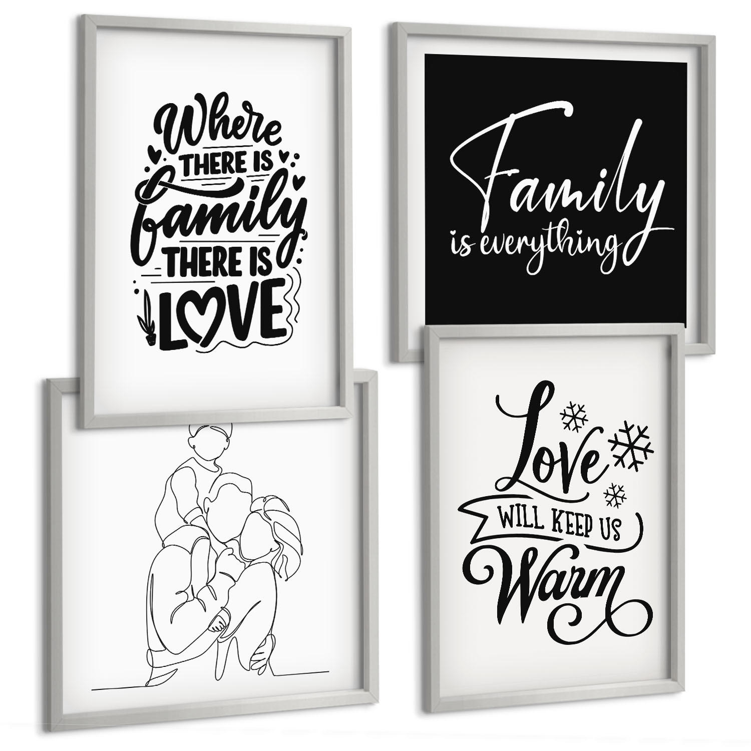BILDER SET 4er Set - 50x50 cm & 40x60 cm Silberner Rahmen - Familie, Liebe, Wärme, Zuhause - Silberfarben, Kunststoff (50/50cm) - TULUP