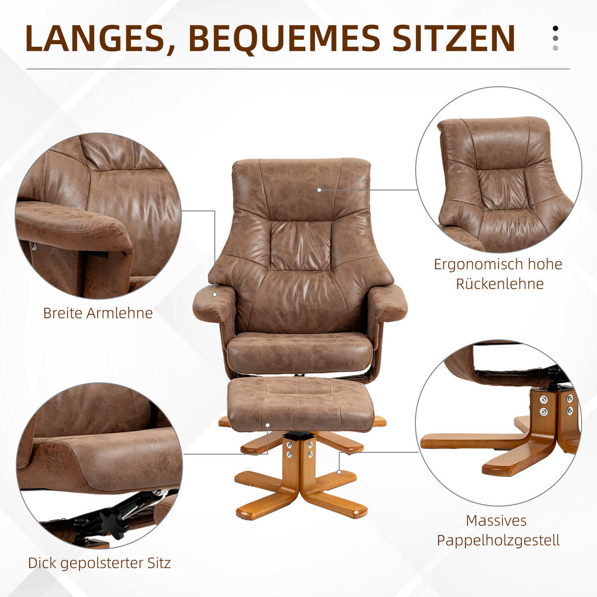 RELAXSESSEL mit Hocker, Fernsehsessel, Polstersessel TV Sessel mit Liegefunktion - Braun, Kunststoff (82.5/109/78cm) - HOMCOM