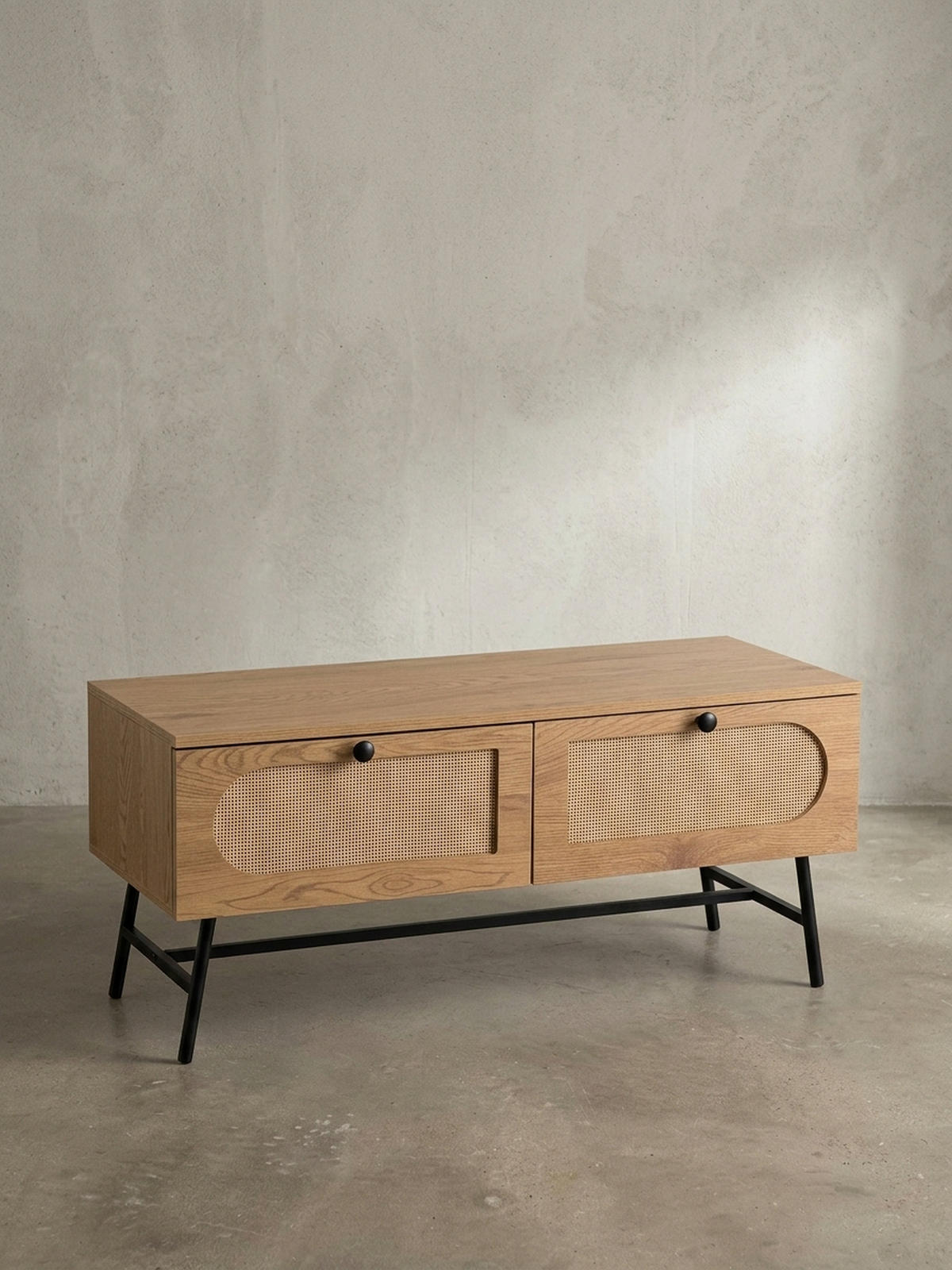 LOWBOARD Eiche-Dekor Rattan Modern Stil 100x45x40 cm mit Schubladen - Schwarz/Braun, Holzwerkstoff/Metall (100/45/40cm) - KADIMA DESIGN