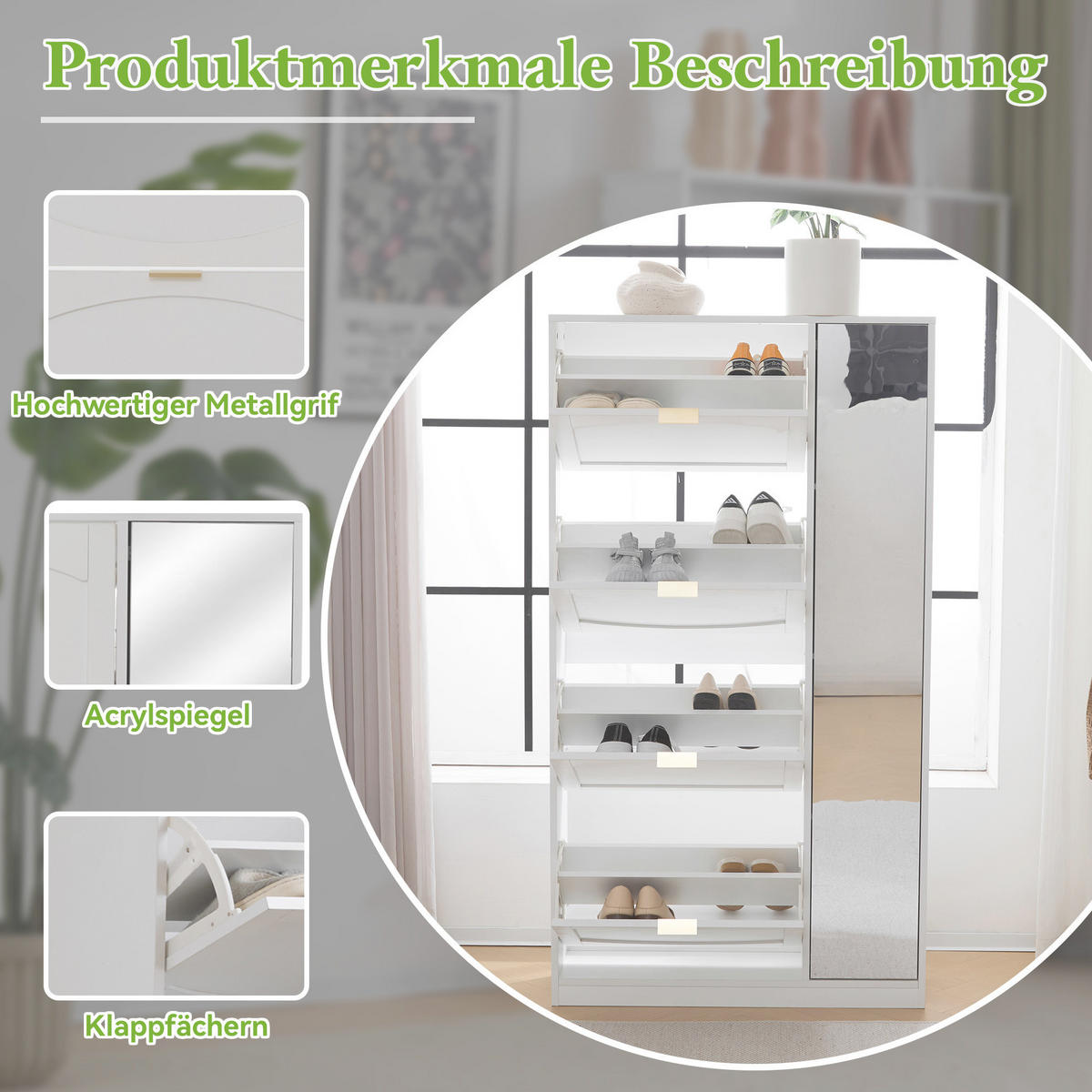 SCHUHSCHRANK 24/80/147 cm mit Spiegeltüren, 4 Klappen und verstellbaren Einlegeböden, Weiß - Weiß, Holzwerkstoff (80/147/24cm) - Redom