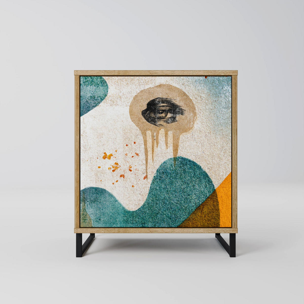 SIDEBOARD ABSTRACT FACES, Eichefarben, 57,5x42x77,5 cm, Schräge Buchenholzfüße - Eichefarben/Buchefarben, Holzwerkstoff/Buchenholz (57.5/77.5/42cm) - SpaceRebels