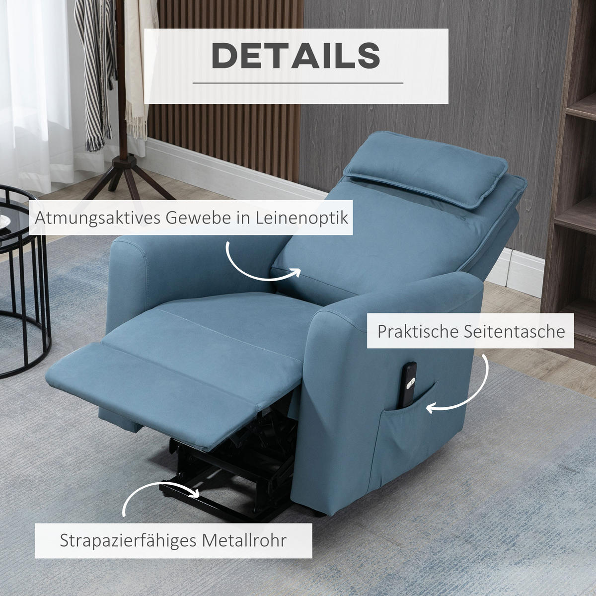 SESSEL mit Aufstehhilfe, Samt Stahl Blau - Blau, Textil (89.5/105/84cm) - HOMCOM