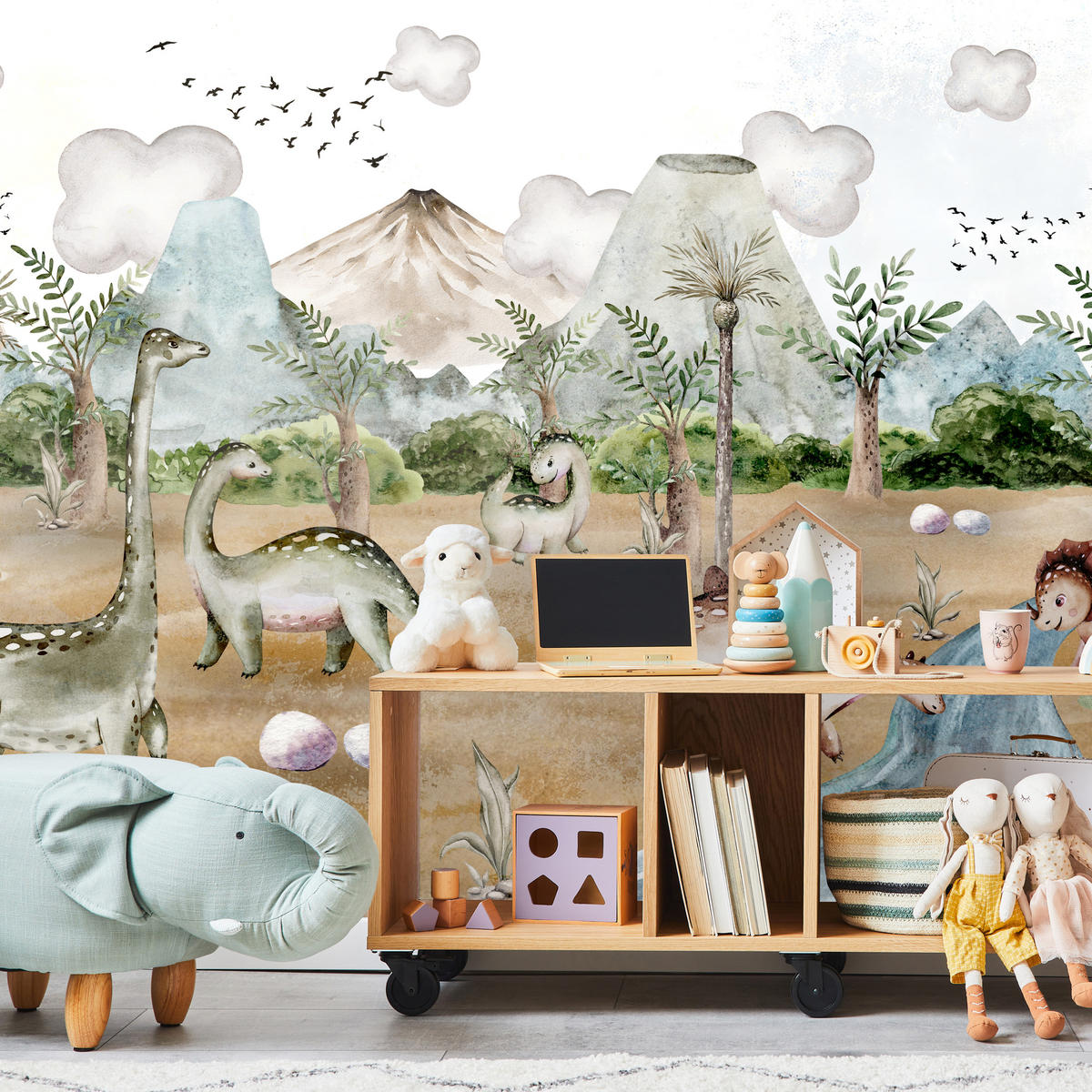 FOTOTAPETE für Kinderzimmer Dinosaurier Welt Vulkane Aquarell Tropische Bäume 350x256 - Blau/Beige, Papier (350/256cm) - Muralo