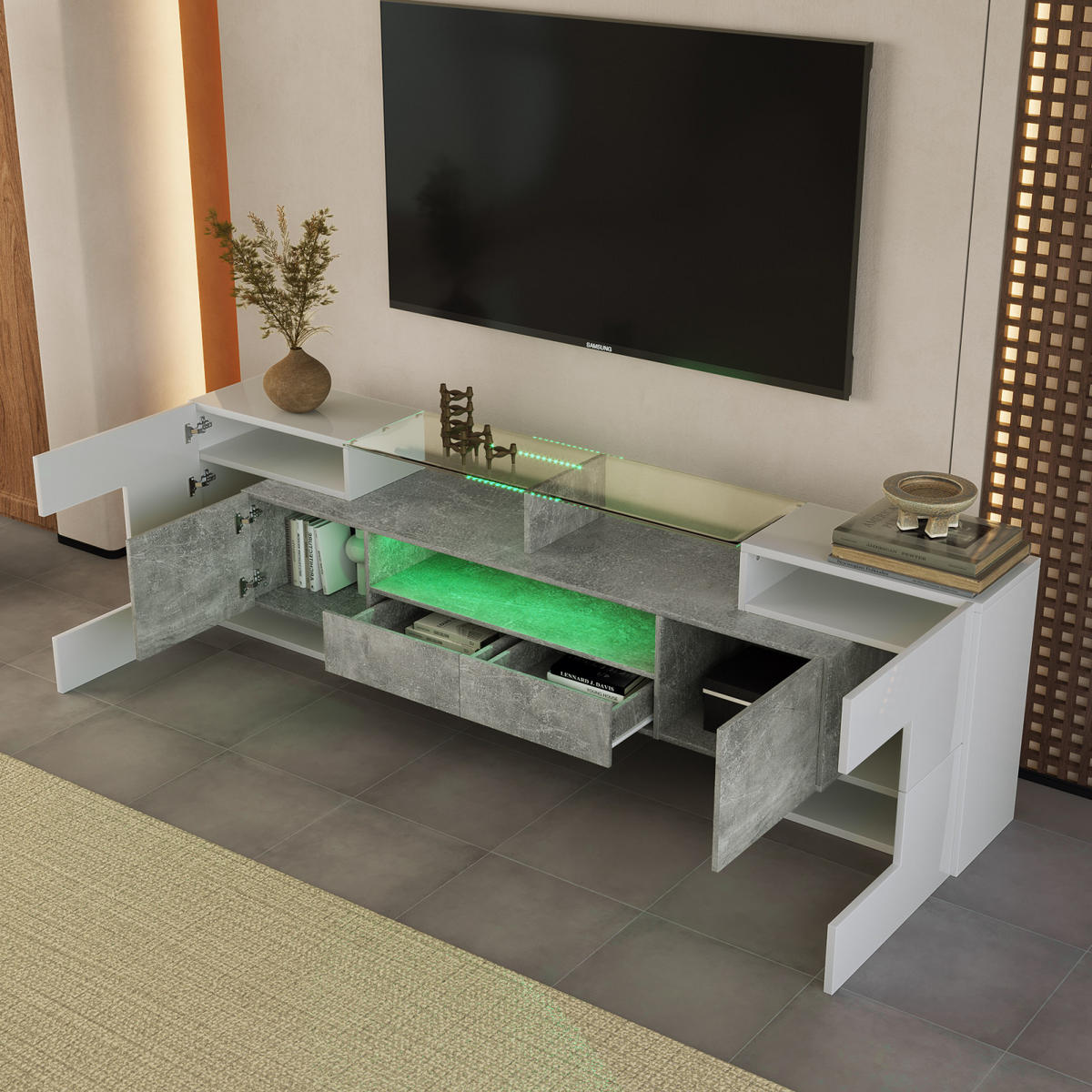 TV Lowboard LED, 6 Türen, 2 Schubladen, Grau Weiß - Weiß, Holz (200/60/30cm)