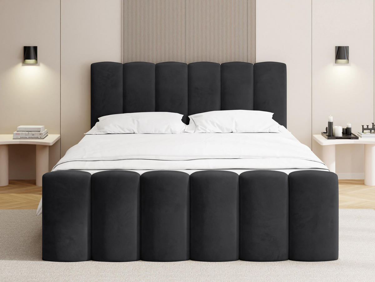 BOXBETT Serenity mit Bettkasten, Samt Schwarz 140x200 cm – inkl. H4 Taschenfederkern Matratze & Foam Topper - Schwarz Hochglanz/Schwarz, Holz/Holzwerkstoff (140/200cm) - WFL GROUP