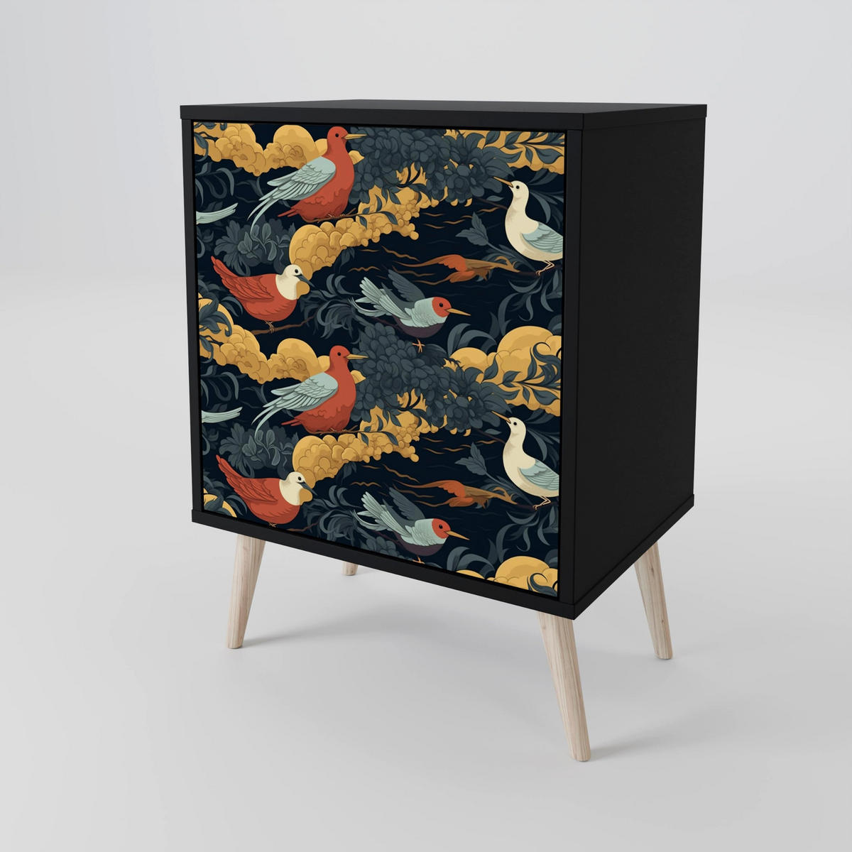 SIDEBOARD FOWLY DAZE, Schwarz, 57,5x42x75,5 cm, Goldfarbene Metallfüße - Goldfarben/Multicolor, Holzwerkstoff/Metall (57.5/75.5/42cm) - SpaceRebels