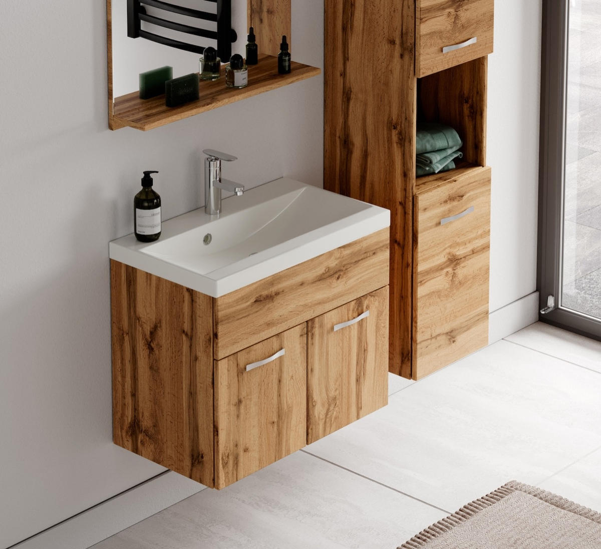 BADMÖBEL-SET Montreal 4 Teile Eiche - 60 x 35 x 51 cm - Chromfarben/Eichefarben, Holz/Metall (60/51/35cm) - Badplaats