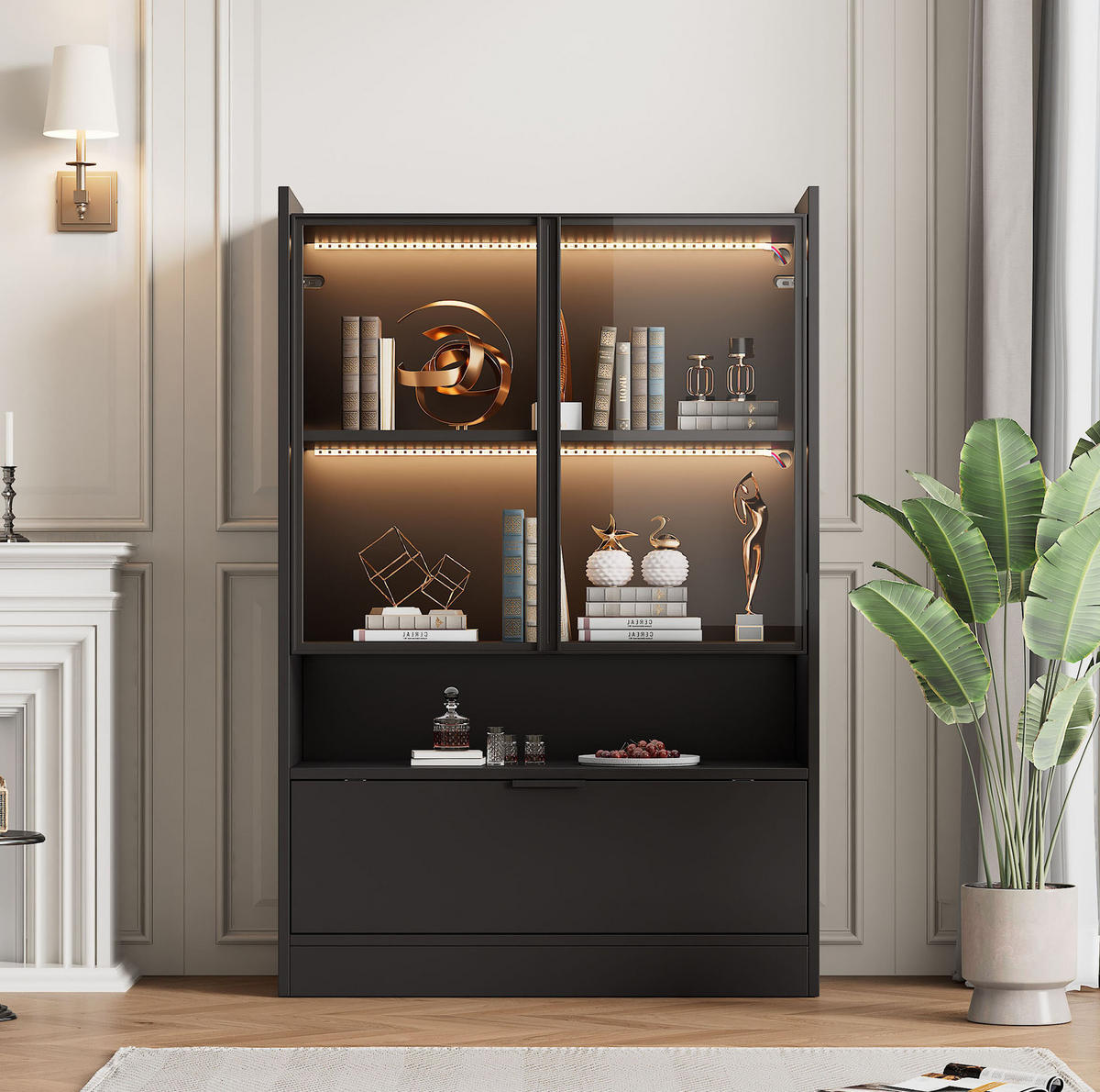 VITRINE 80/35/120 cm mit LED-Beleuchtung, Glastüren und Klapptür, Schwarz matt - Schwarz, Holzwerkstoff (80/120/35cm) - Redom