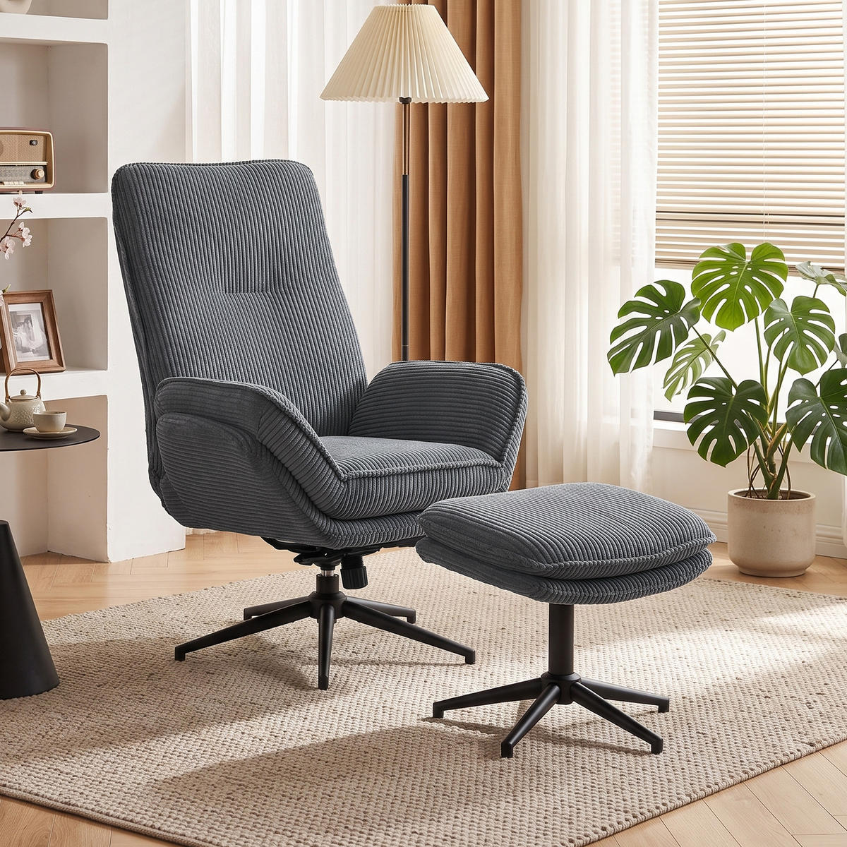 RELAXSESSEL mit Hocker Polyester Grau - Schwarz/Grau, Textil/Metall (72/107/83cm) - HOMCOM