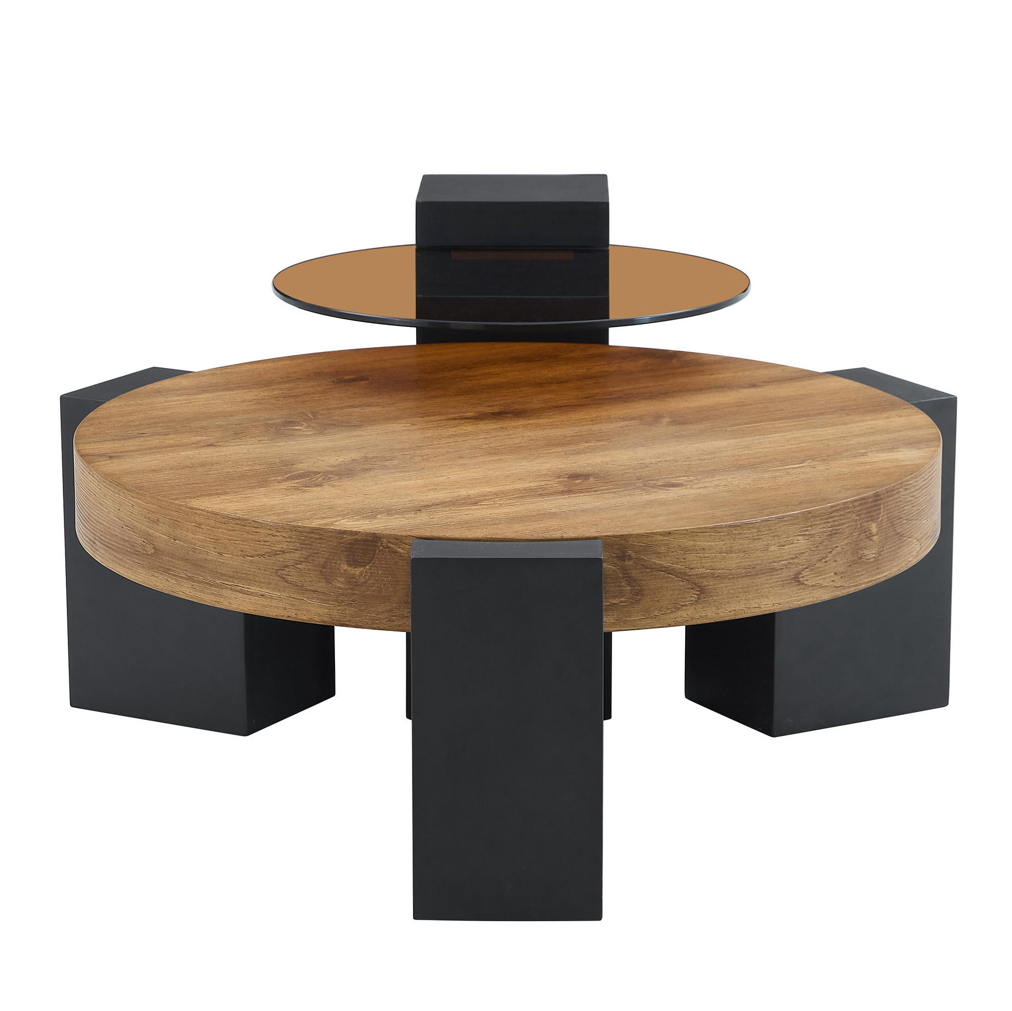 Redom KONFERENČNÍ stolek 61/61/30 cm s druhou úrovní a rozebíratelným designem, stabilní L-nohy, Černá/Hnědá