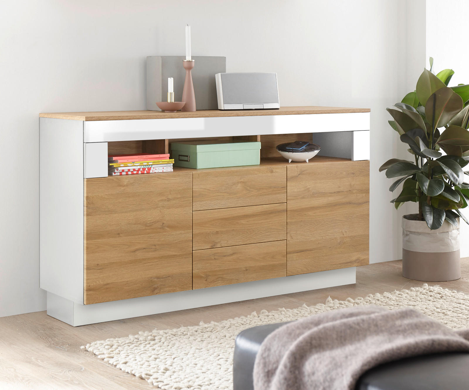 SIDEBOARD Grandson Eiche, weiß Hochglanz, Kommode 149 x 85 cm - Eichefarben/Weiß Hochglanz, Holzwerkstoff (149/85/43cm) - Furn.Design