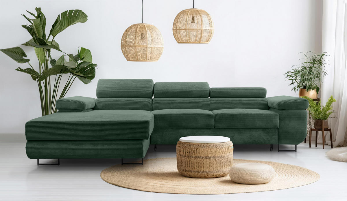 ECKSOFA L Form Arborio Dunkelgrün 280/203/90 cm Links mit Schlaffunktion - Dunkelgrün/Schwarz, Textil/Metall (203/280cm) - AX Living