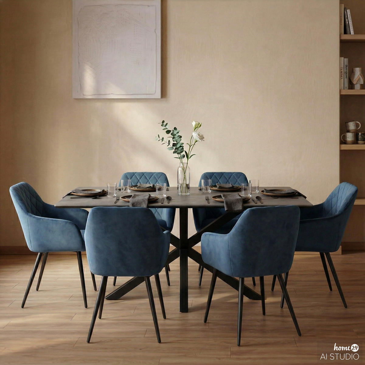ARMLEHNENSTUHL - 2er-Set - Blau/Schwarz, Textil/Metall (54/83/60cm) - home24
