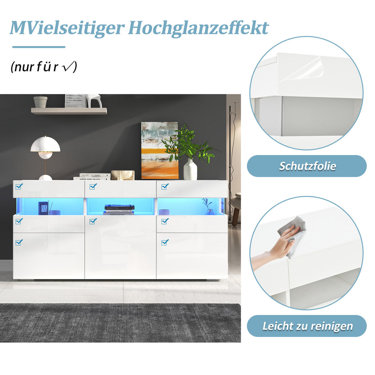 SIDEBOARD 140cm Hochglanz LED 3 Türen 7 Fächer Weiß modern - Weiß, Holzwerkstoff (40.5/66.5/140cm) - FLIEKS