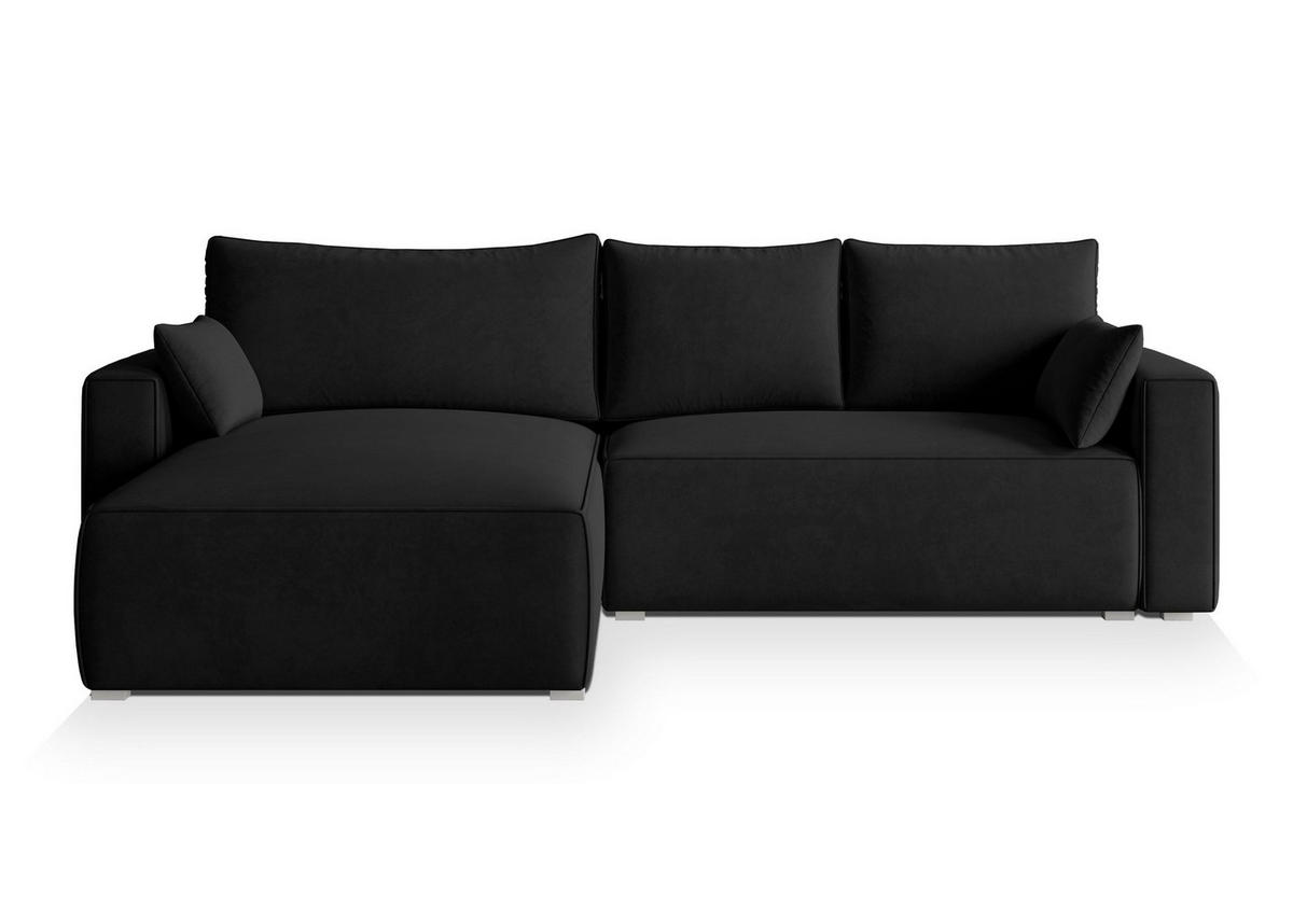 ECKSOFA FORIL Schwarz Velours-Stoff mit Schlaffunktion - Schwarz, Holz (265/178cm) - MASSENO