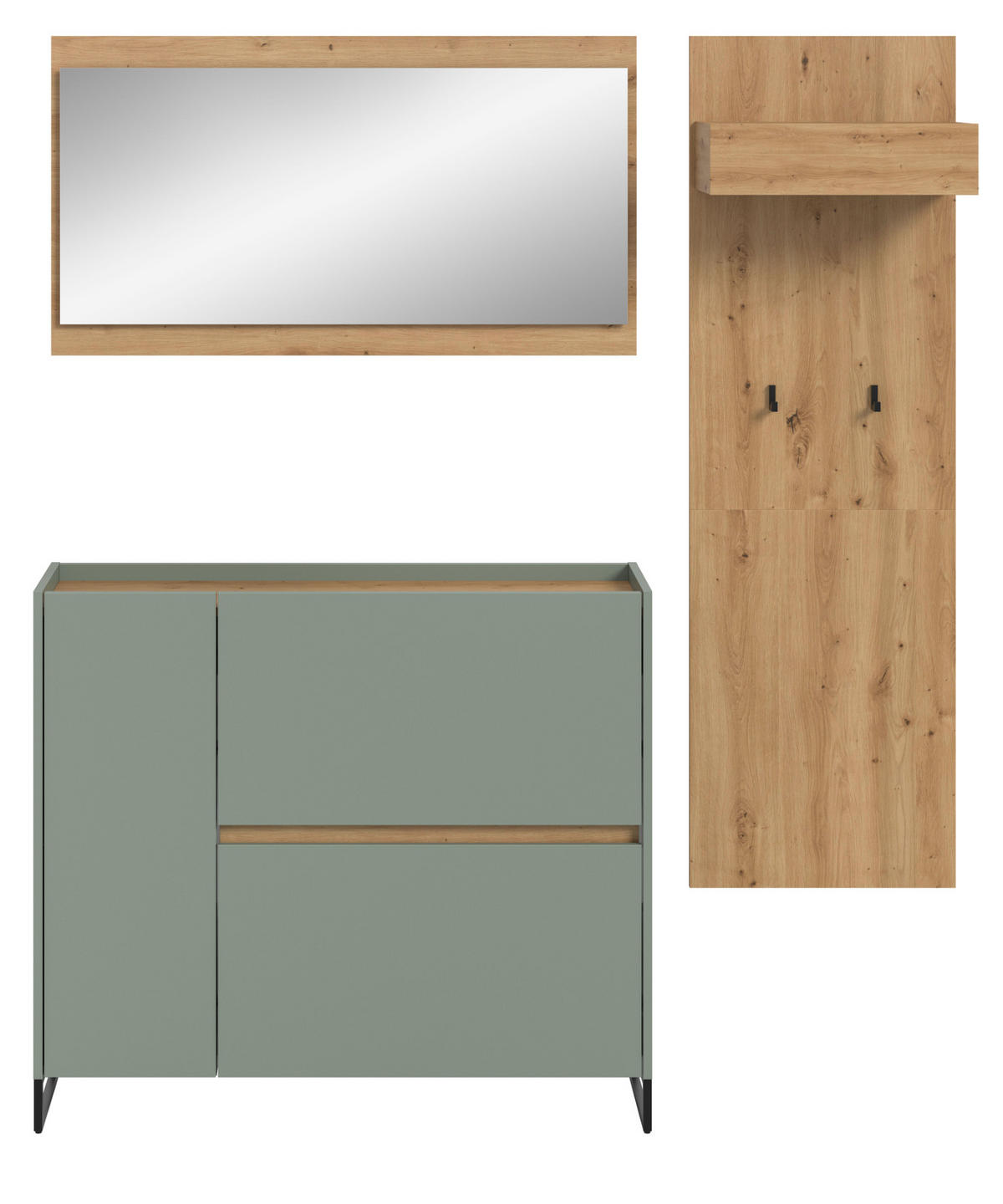 GARDEROBEN-SET 3-teilig Salbei grün, Eiche Artisan 175 cm, Garderobenschränke mit Soft-Close - Salbeigrün/Schwarz, Glas/Holzwerkstoff (175/192/32cm) - Inn.Furn