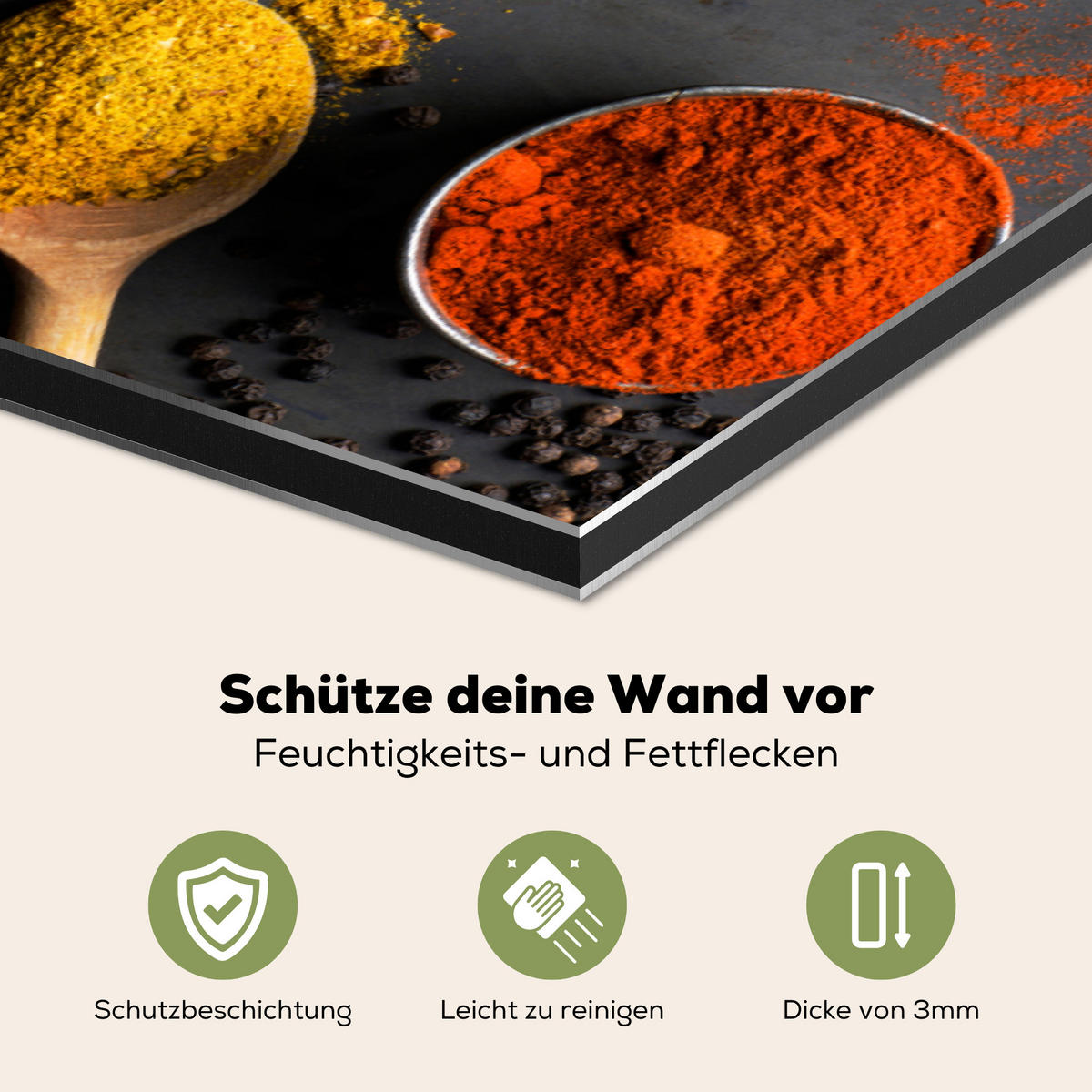 SPRITZSCHUTZ KÜCHE Kräuter - Lebensmittel - Gewürze - Schwarz - Paprika - Zimt 80x55 cm - Currygelb, Metall (80/0.3/55cm) - MuchoWow