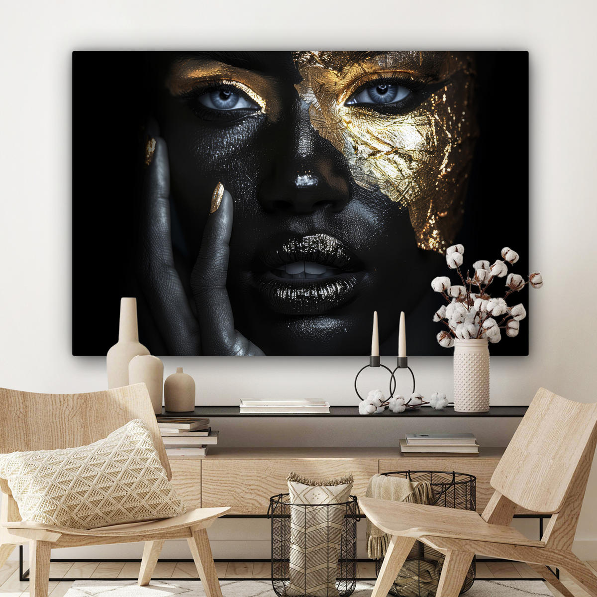 LEINWANDBILD Frau - Gold - Porträt - Schwarz-Weiß - Luxus Groß 140x90 cm - Hellblau, Textil (140/90cm) - MuchoWow