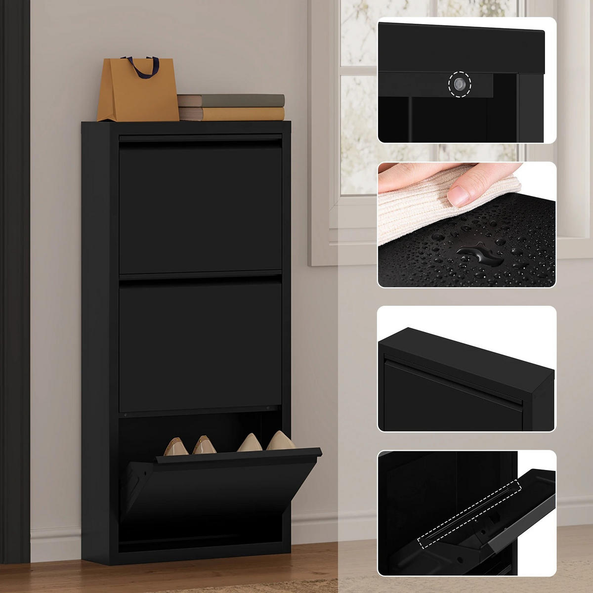 SCHUHKIPPER mit 3 Klapptüren, 50 x 106 x 15 cm, Schwarz - Schwarz, Metall (50/106/15cm) - Kaket