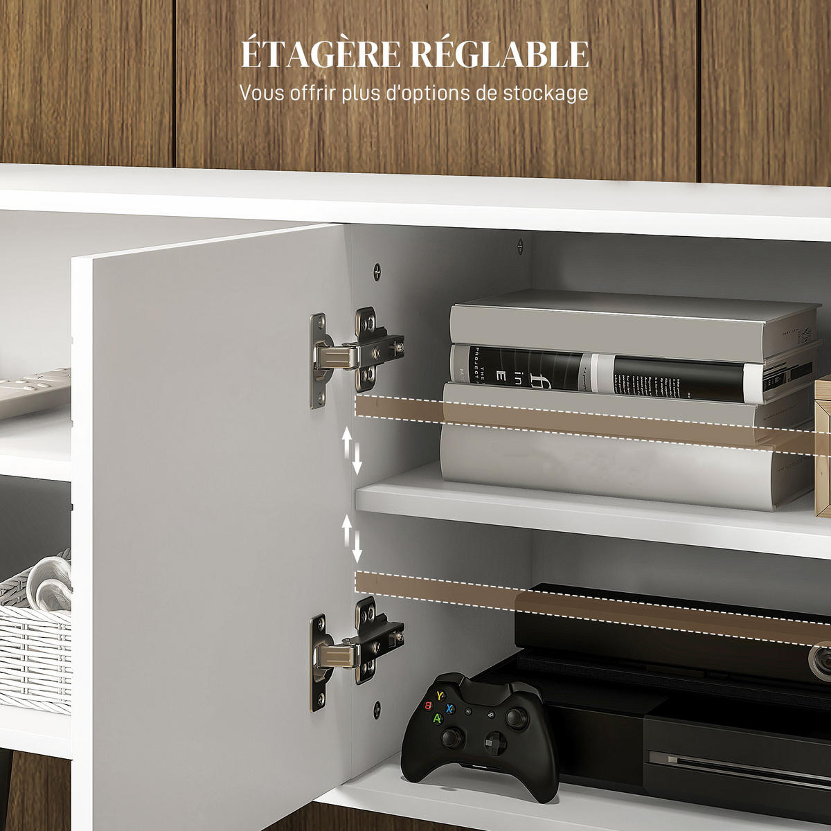 TV-LOWBOARD Weiß 145/38/65 cm, Soft-Close, Kabelmanagement, Holzbeine - Weiß, Holzwerkstoff (145/65/38cm) - PANGIVO