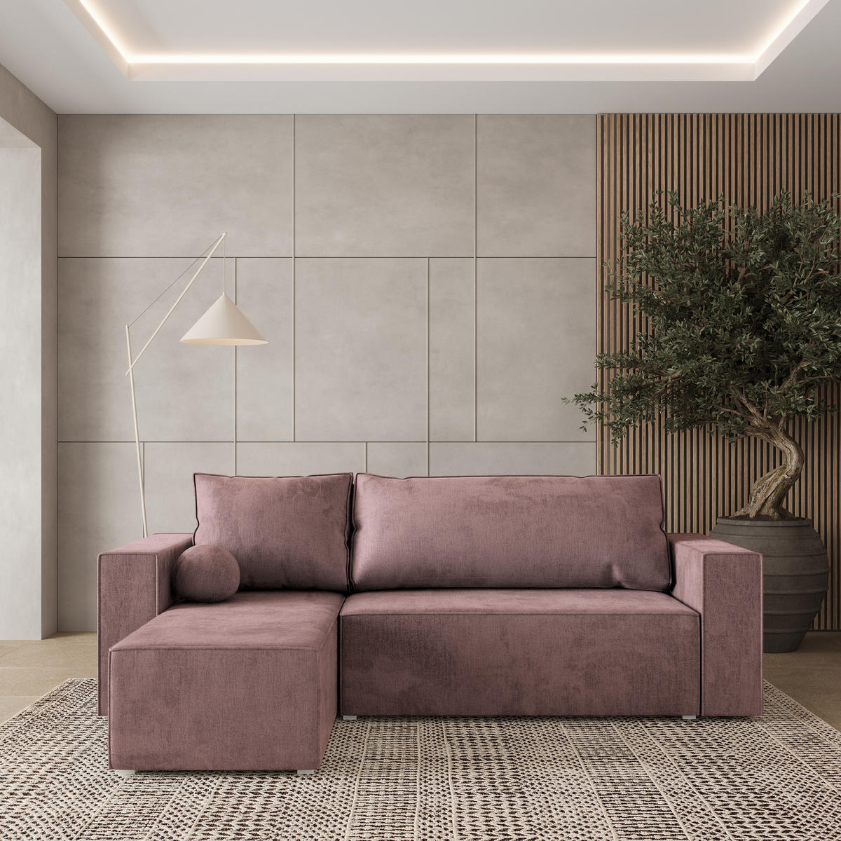 ECKSOFA RAVELO M Lila Velours-Stoff mit Schlaffunktion - Lila/Grau, Holz/Kunststoff (240/140cm) - MASSENO