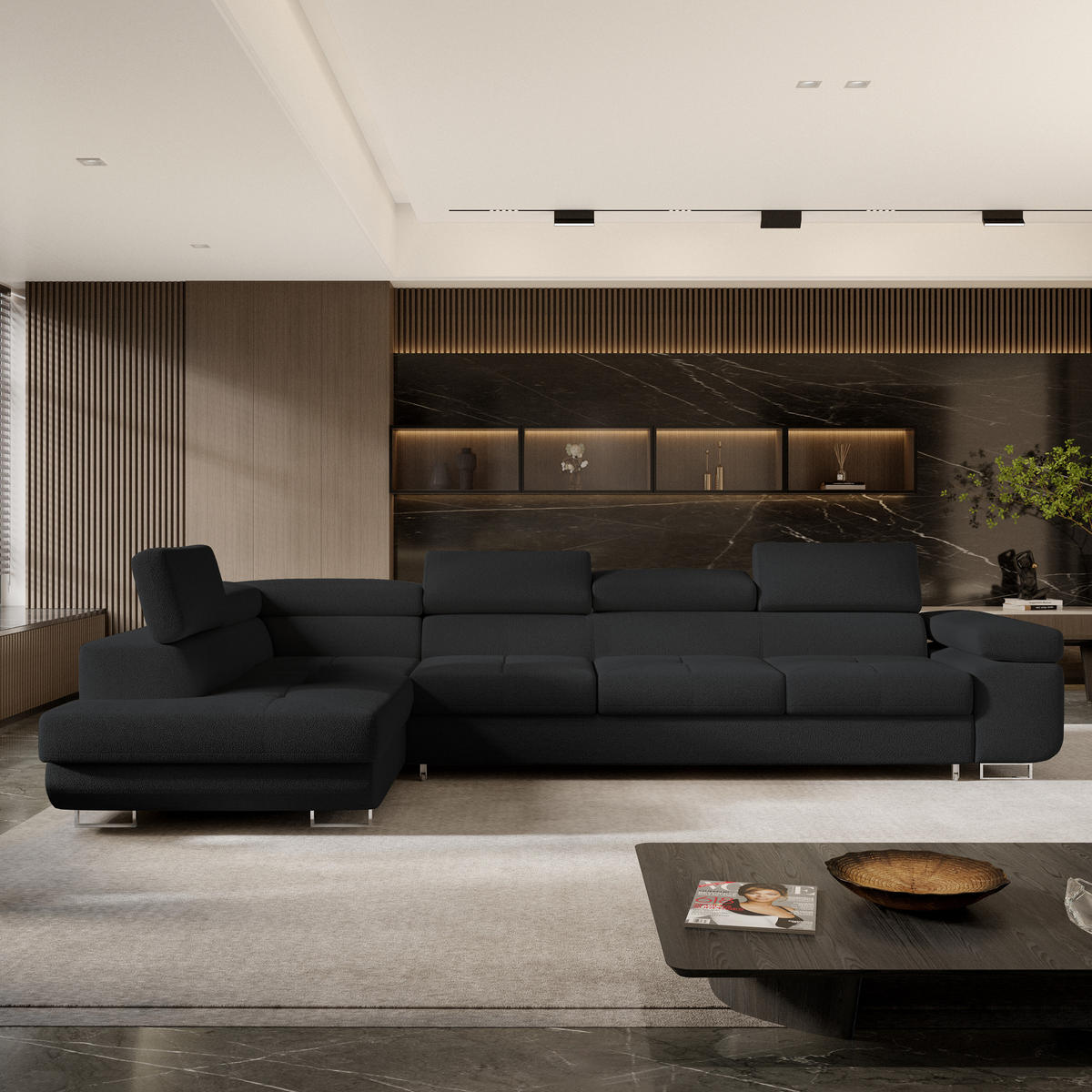 ECKSOFA VICENTE Schwarz Boucle-Stoff mit Schlaffunktion - Schwarz, Holz (346/202cm) - MASSENO