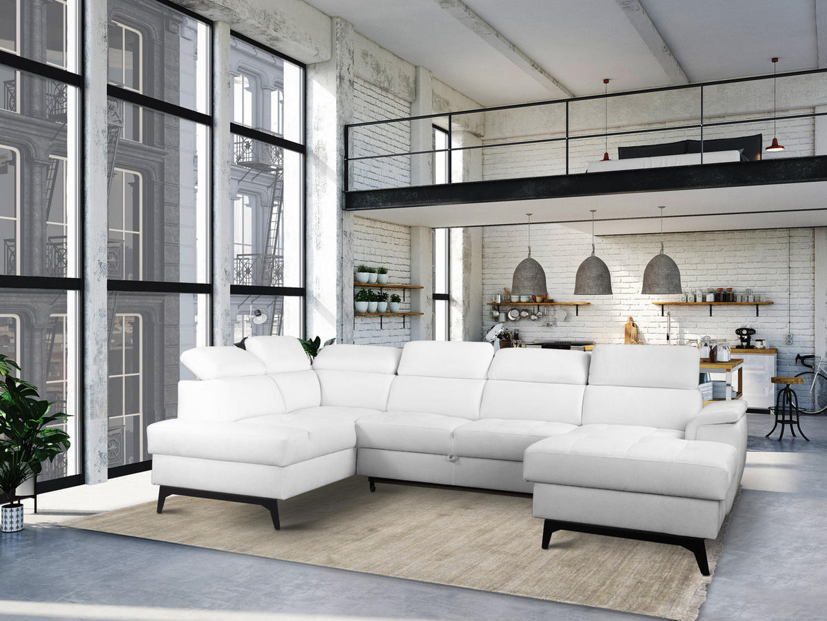 WOHNLANDSCHAFT VOLA Weiß Velours-Stoff mit Schlaffunktion - Weiß, Holz (348/105/199cm) - MASSENO