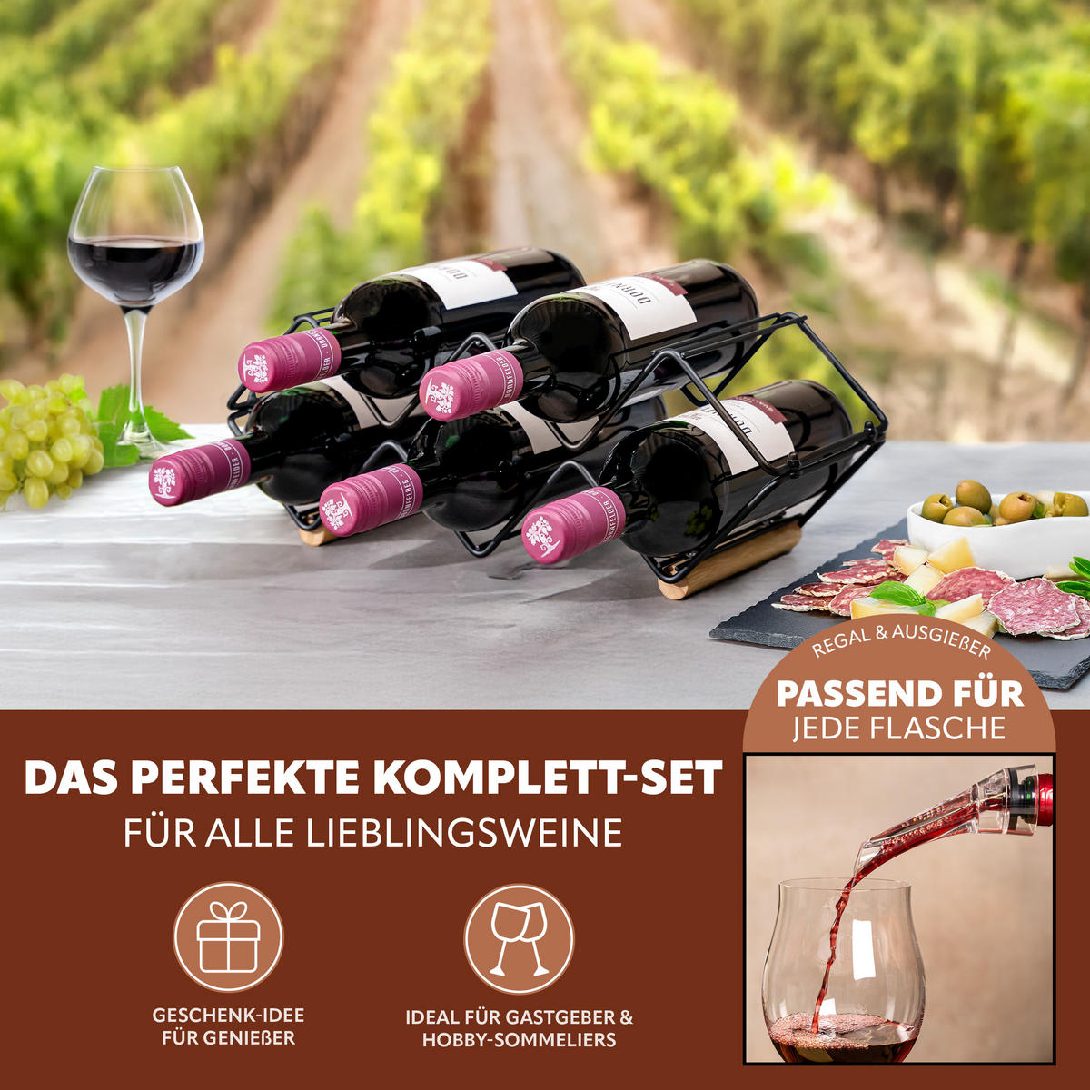 WEINREGAL-SET 6tlg, Metall, schwarz - Schwarz, Metall (39/14.5/15cm) - eluno