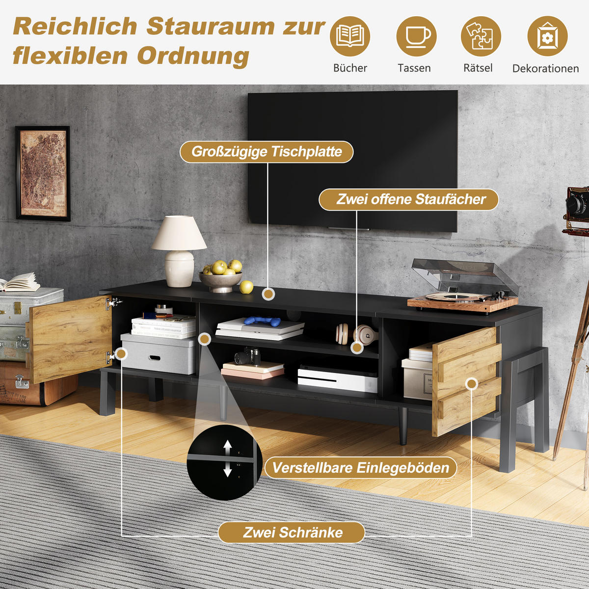 LOWBOARD in Schwarz TV-Schrank mit 2 Schränken und offenem Stauraum,geeignet für Fernseher bis 70 Zoll, B175/T39.5/H53cm - Schwarz/Naturfarben, Holzwerkstoff/Metall (175/53/39.5cm) - STILVORA