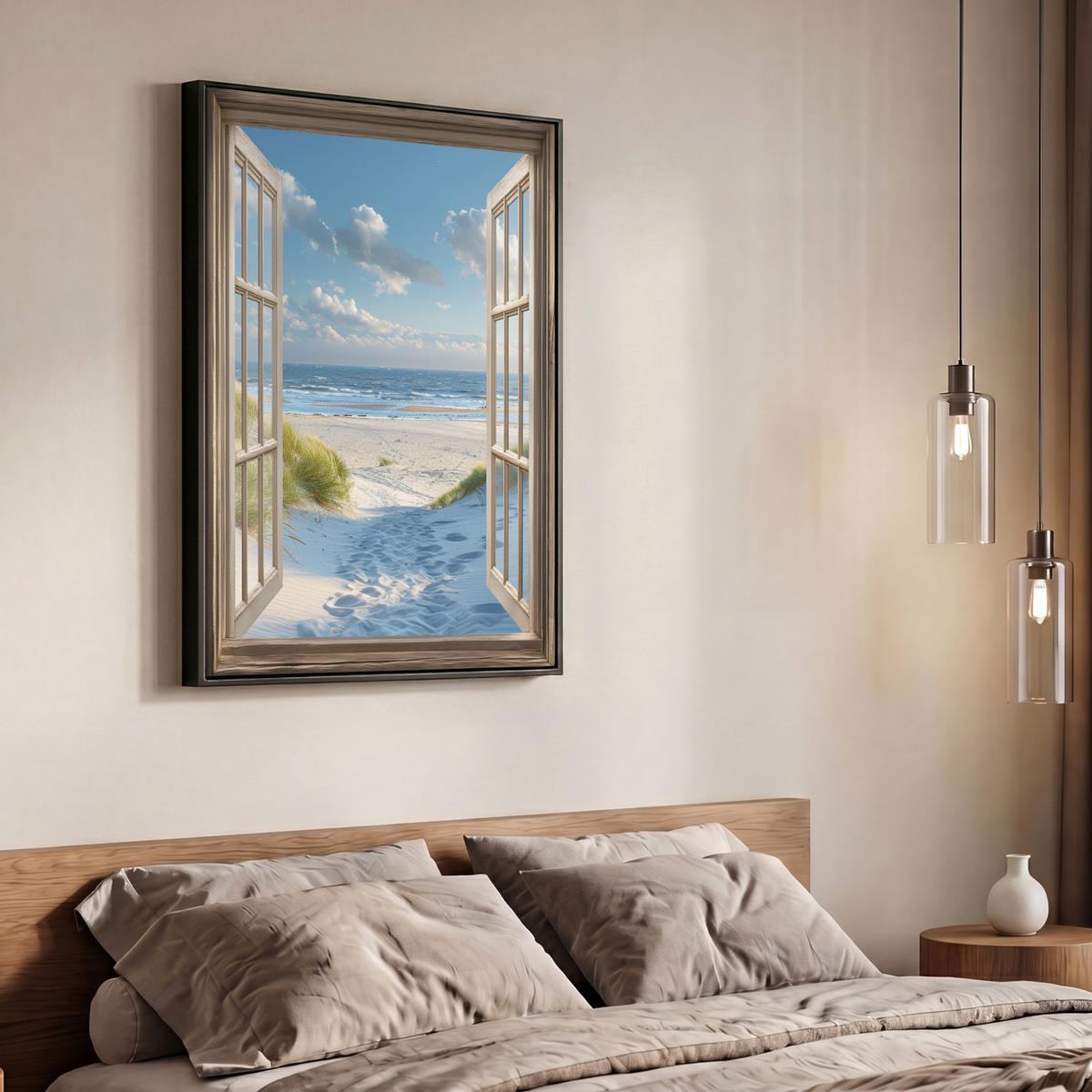 LEINWAND Bilder mit Rahmen - Aussicht - Strand - Fenster - Dünen - Meer - 70x100 - Hellblau, Textil (70/100cm) - MuchoWow