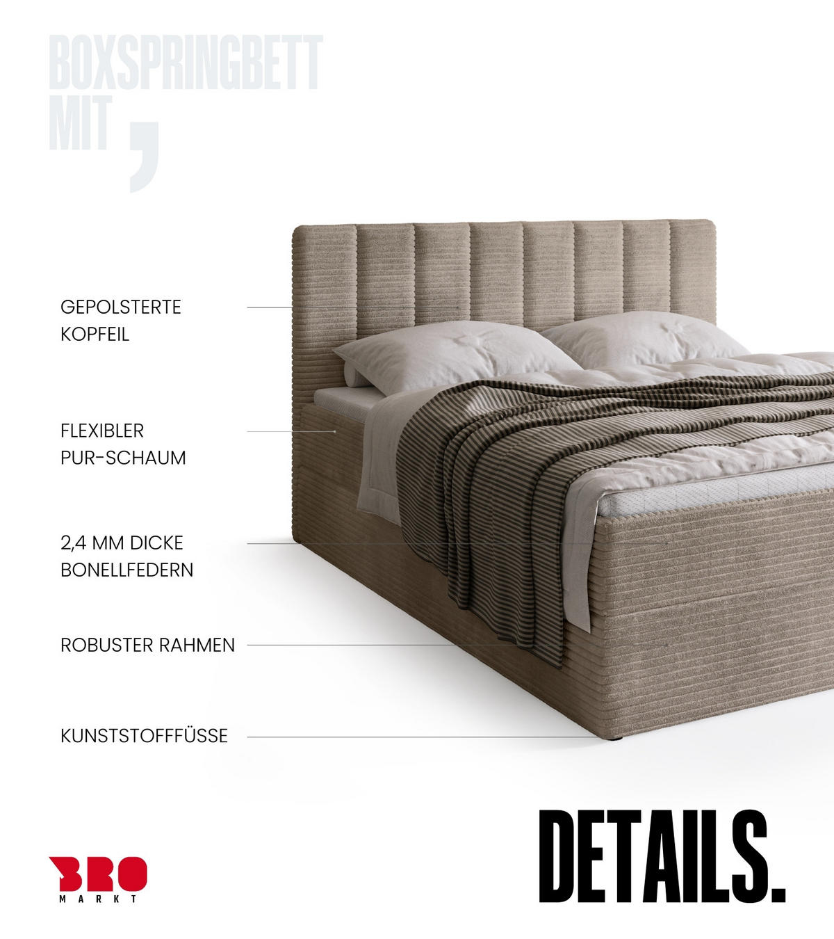 BOXBETT DENVER mit Topper 140x200 Beige - Beige, Textil (140/200cm) - Bromarkt