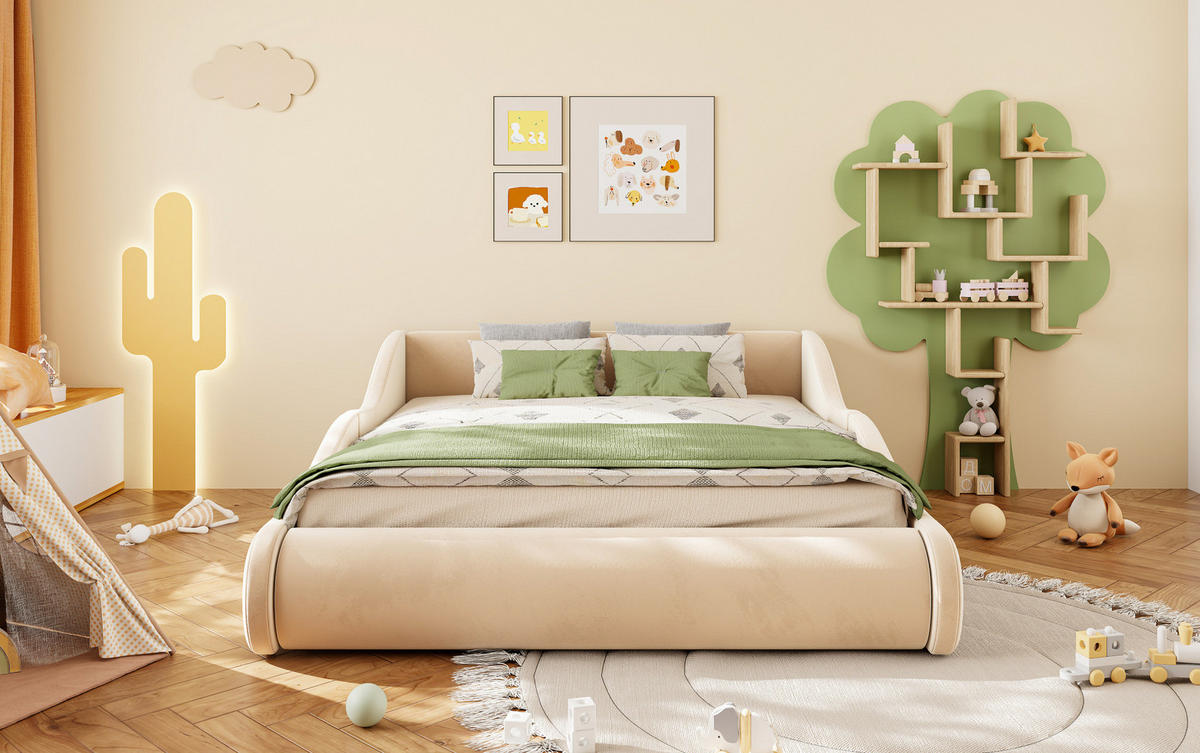 KINDERBETT mit Polsterung aus Samt 140x200 cm Beige mit hohem Kopfteil und Seitenschutzgittern - Beige, Textil (140/200cm) - Modfu