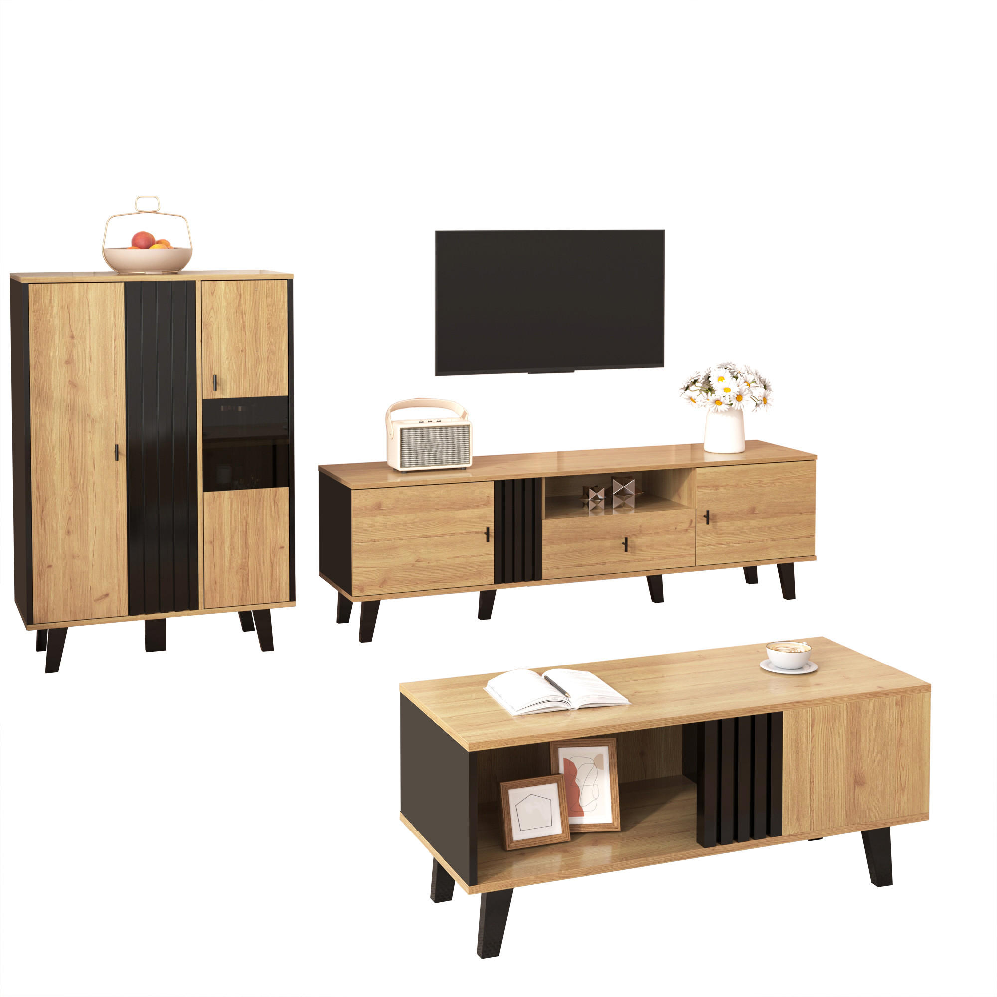 SIDEBOARD in Holzoptik und Schwarz mit 3 Türen, Glasfront und LED-Innenbeleuchtung, 140/41/78,5 cm, Holzoptik und Schwarz - Naturfarben, Holzwerkstoff (78.5/41/140cm) - Redom