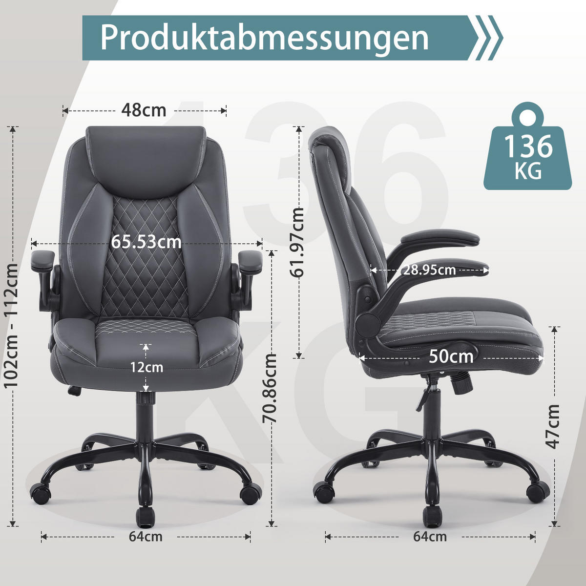 CHEFSESSEL DE-41049 mit Flip-up-Armlehnen und Lendenstütze Grau - Grau, Metall (64/102/64cm) - ComfortXL