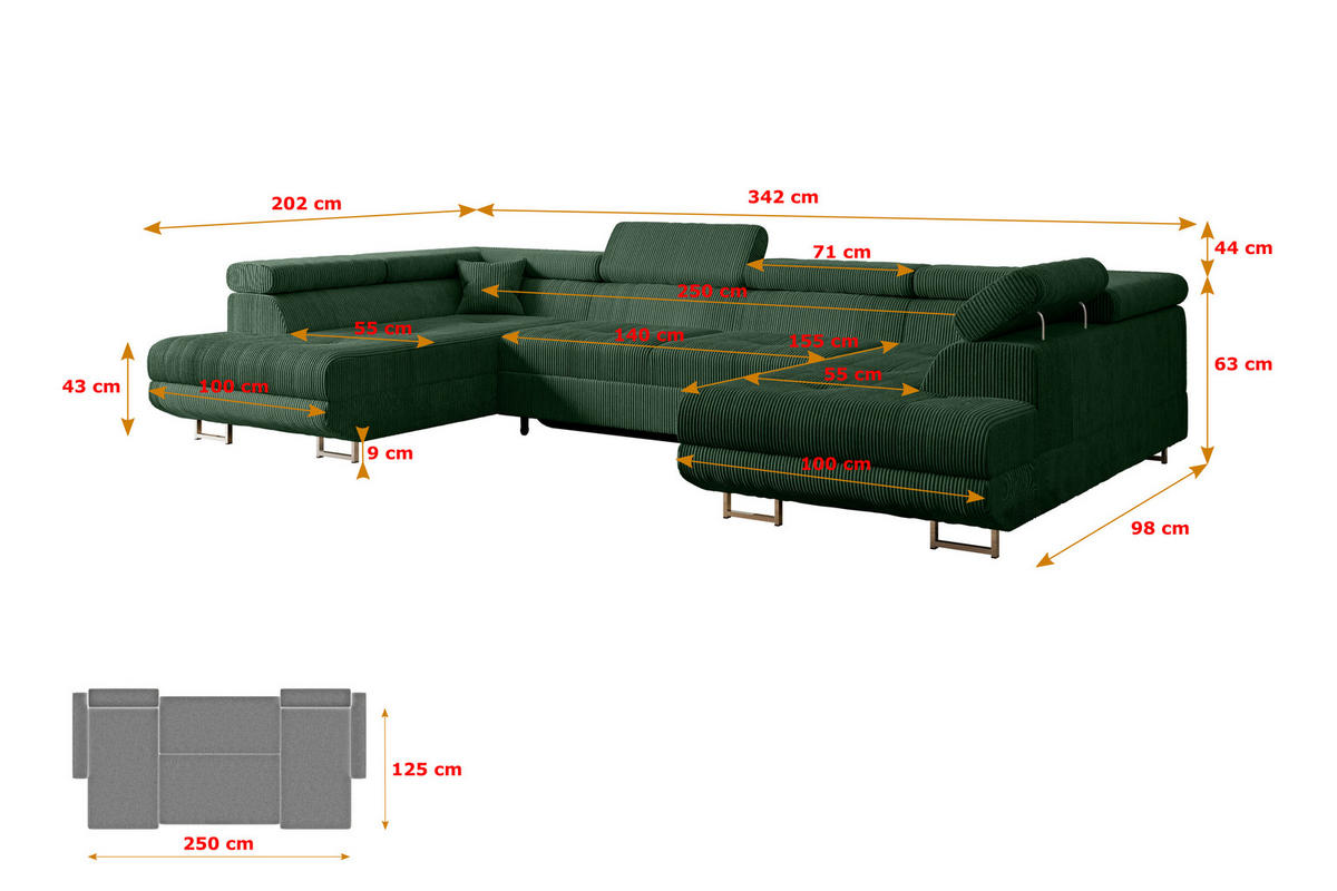 WOHNLANDSCHAFT mit Schlaffunktion und Bettkasten GUSA-U 342x202x107 cm Grün Cord - Silberfarben/Grün, Holzwerkstoff/Textil (342/107/202cm) - ALTDECOR