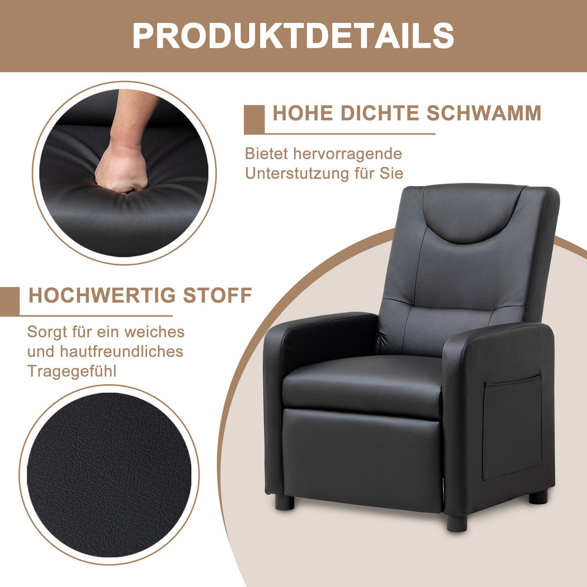 RELAXSESSEL PU mit verstellbarer Rückenlehne, klappbarer Fußstütze 76,5/67,5/95,5 cm Schwarz - Schwarz, Kunststoff (67.5/95.5/76.5cm) - Redom