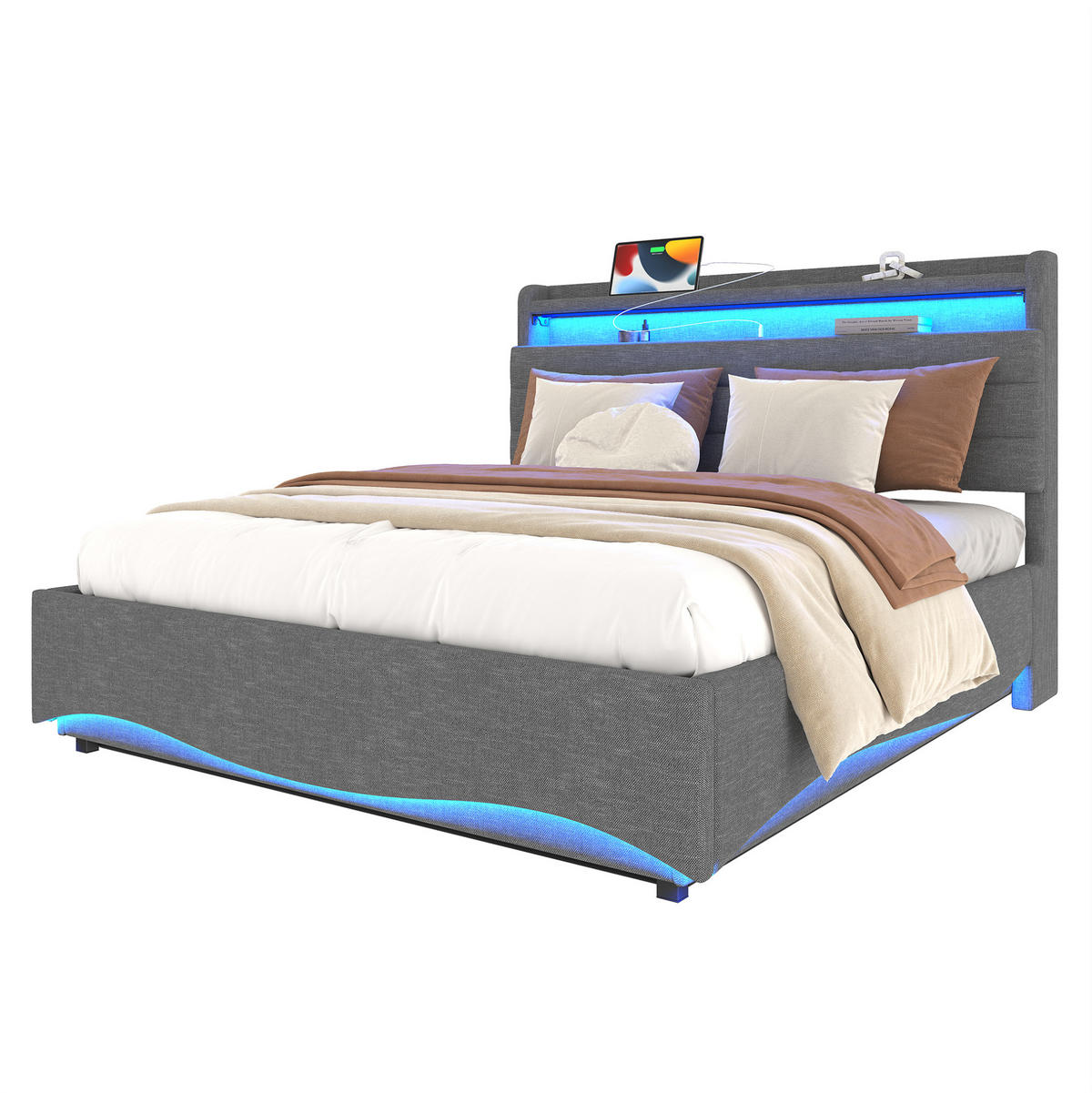 ČALÚNENÁ posteľ z ľanovej tkaniny 140x200 cm béžová s LED osvetlením, USB a Typ-C portami, hydraulickým úložným priestorom - béžová, textil (140/200cm) - Modfu