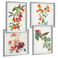 BILDER SET 4er Set - 50x50 cm & 40x60 cm Silberner Rahmen - Gemalte Blumen, Retro-Vogel - Silberfarben, Kunststoff (50/50cm) - TULUP