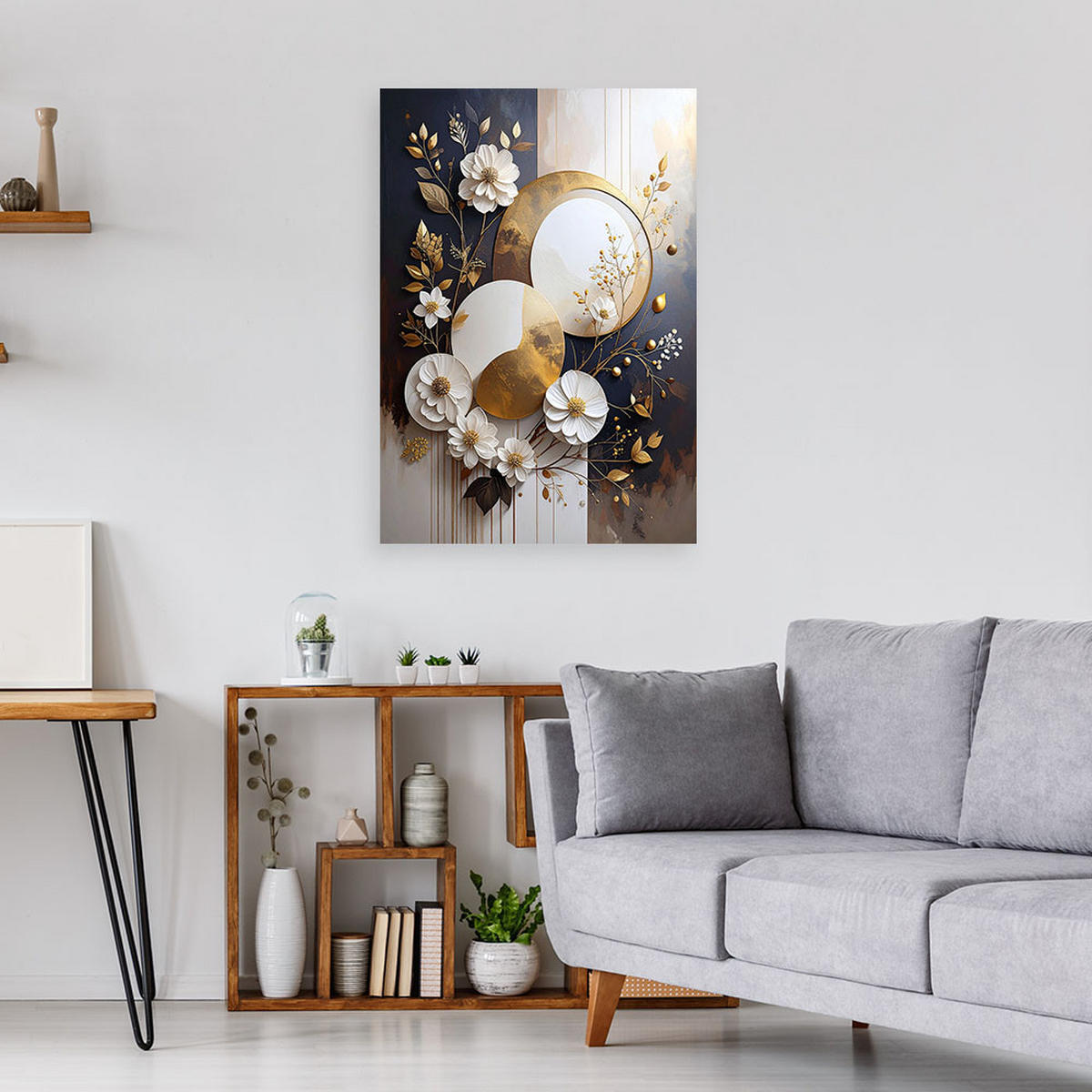 LEINWANDBILD, Abstraktion: Blumen und Kreise in Braun - Goldfarben, Textil (40/60cm) - Feeby