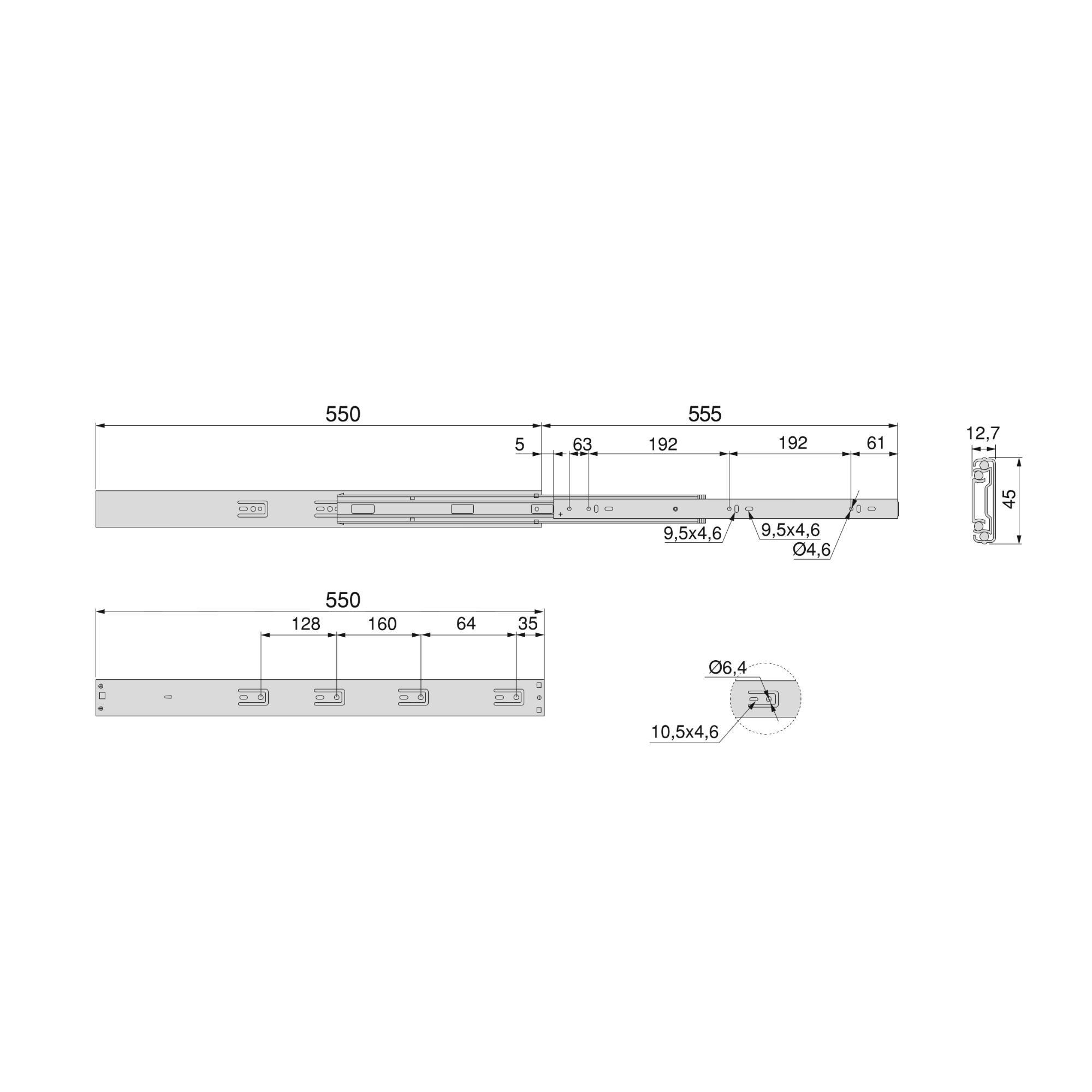 KUGELFÜHRUNGEN Höhe 45mm, Tiefe 550mm, Vollauszug, mit Push, mit Schließautomatik, Verzinkt 5er-set - Zinkfarben, Metall (1.27/5/55cm) - EMUCA