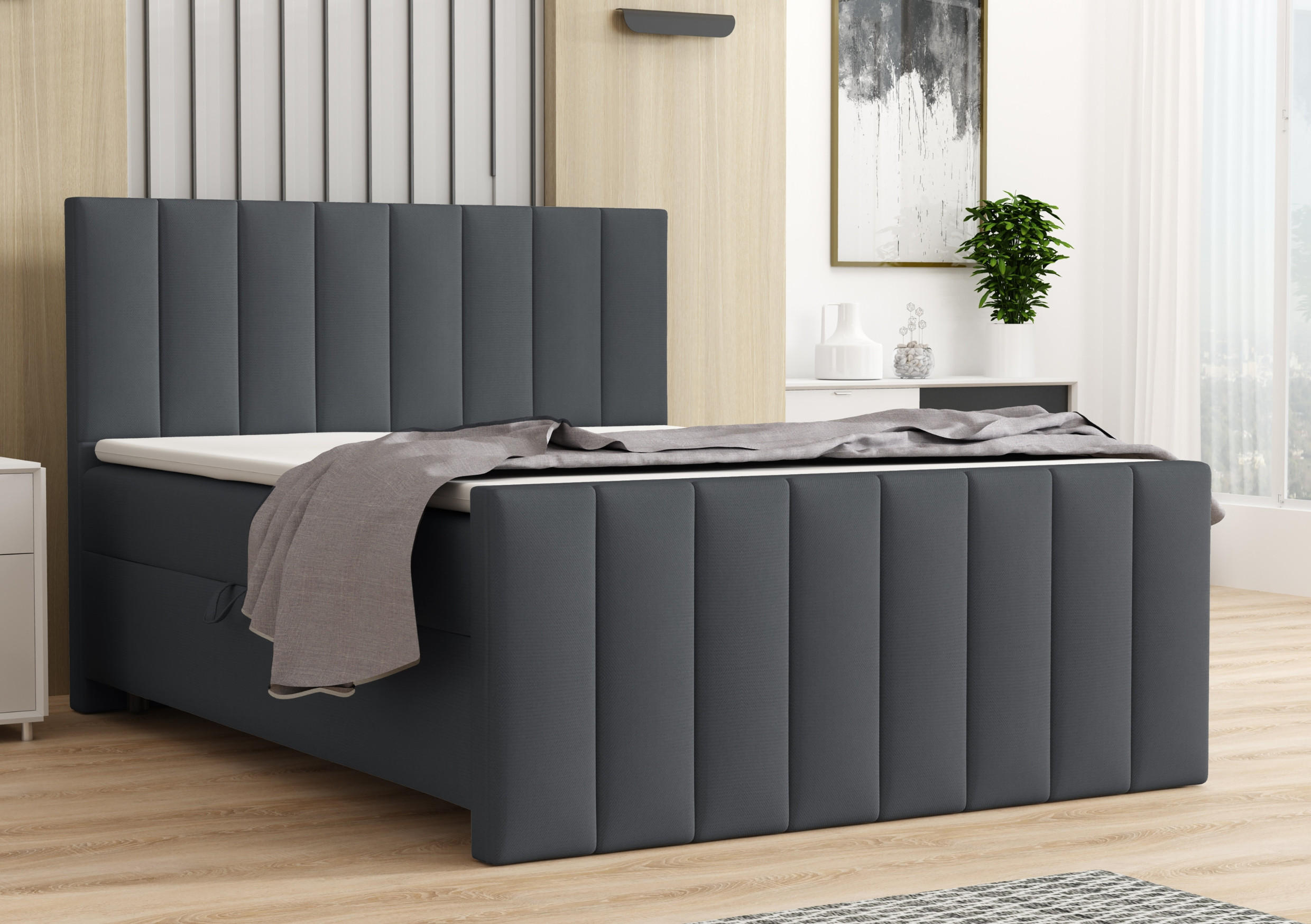 BOXBETT FEN 160/200 Velours Dunkelgrau mit Taschen-Federkernmatratzen 7 Zonen H4 - Dunkelgrau, Holz/Holzwerkstoff (160/200cm) - Deine Möbel 24