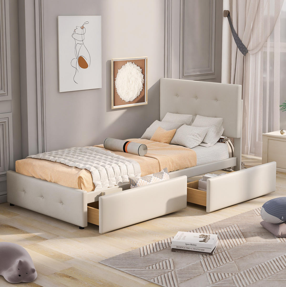 SAMT-POLSTERBETT 90/200 cm mit Schublade und gepolstertem Kopfteil in Beige - Beige, Textil (90/200cm) - BEAOK